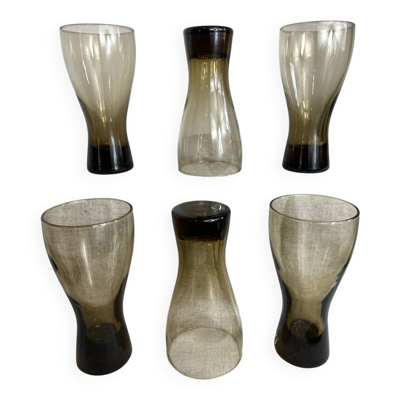 Six verres à soda en verre brin fumé, Luminarc, années 70