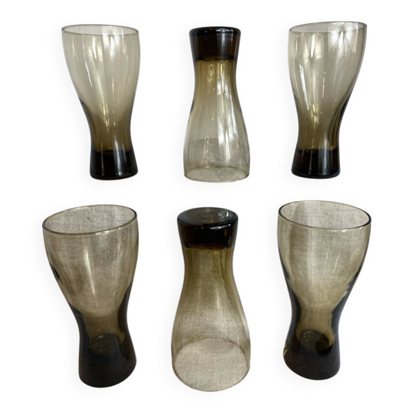 Six verres à soda en verre brin fumé, Luminarc, années 70