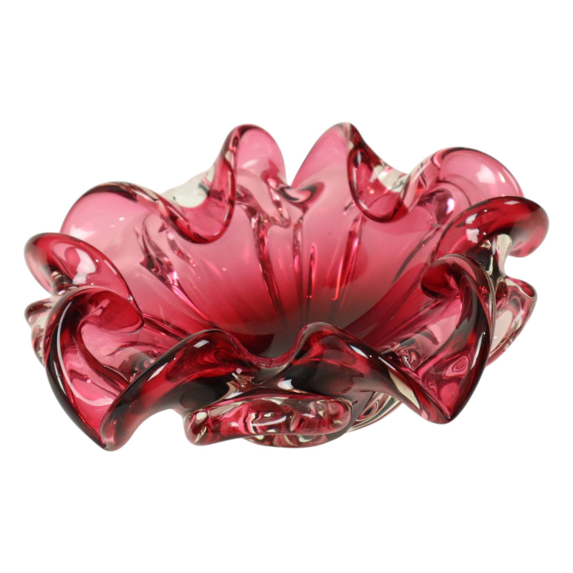 Vintage Red Murano Glass Fruit Bowl Organic 23cm