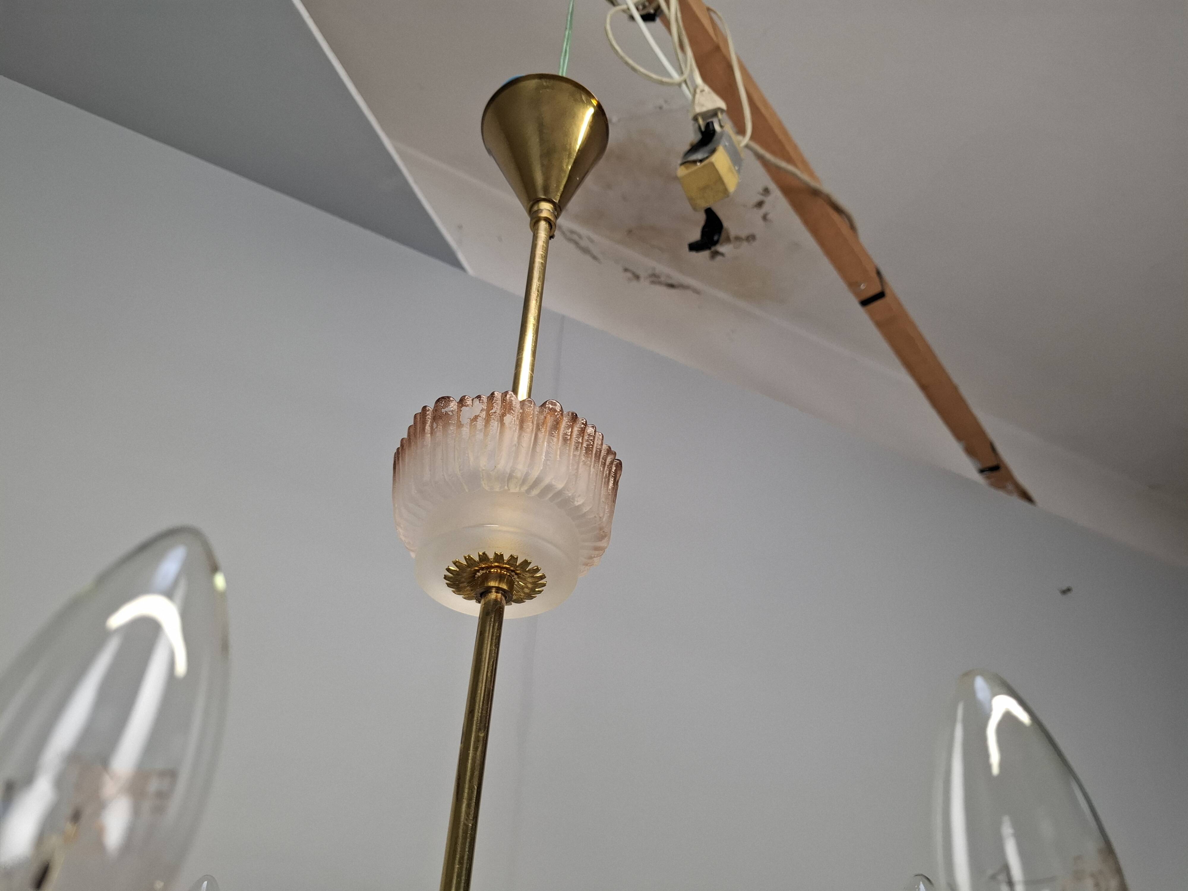 1960s Czech Mid-Century Brass and Železný Brod Frosted Glass Six-Arm Chandelier