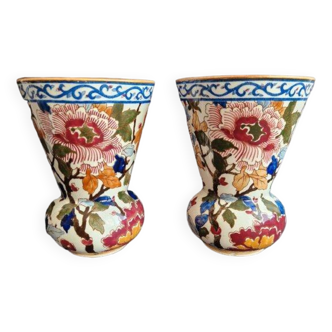 Pair of Gien earthenware vases, Peonies model