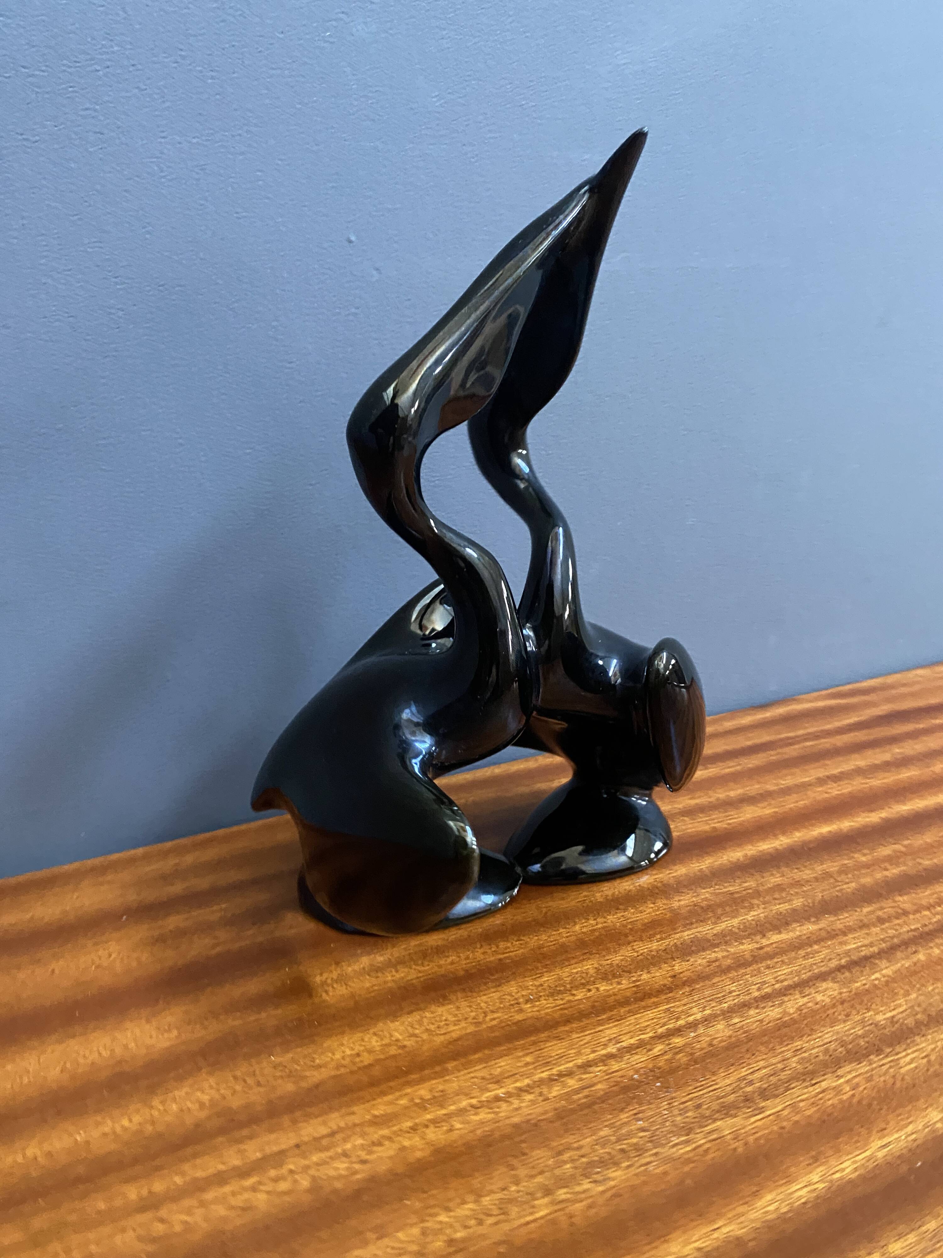 Black ceramic figurine of 2 Pelicans by Miroslav Smutny 1960s