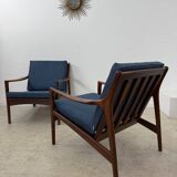 Set of 2 Scandinavian design teak armchairs from the 60s, new blue fabric