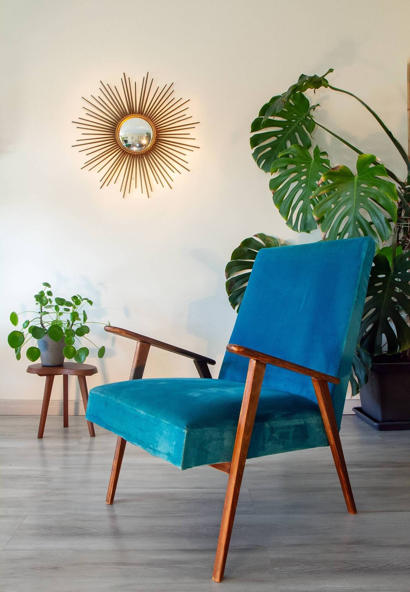 Scandinavian velvet armchair in duck blue, 1950s-60s.