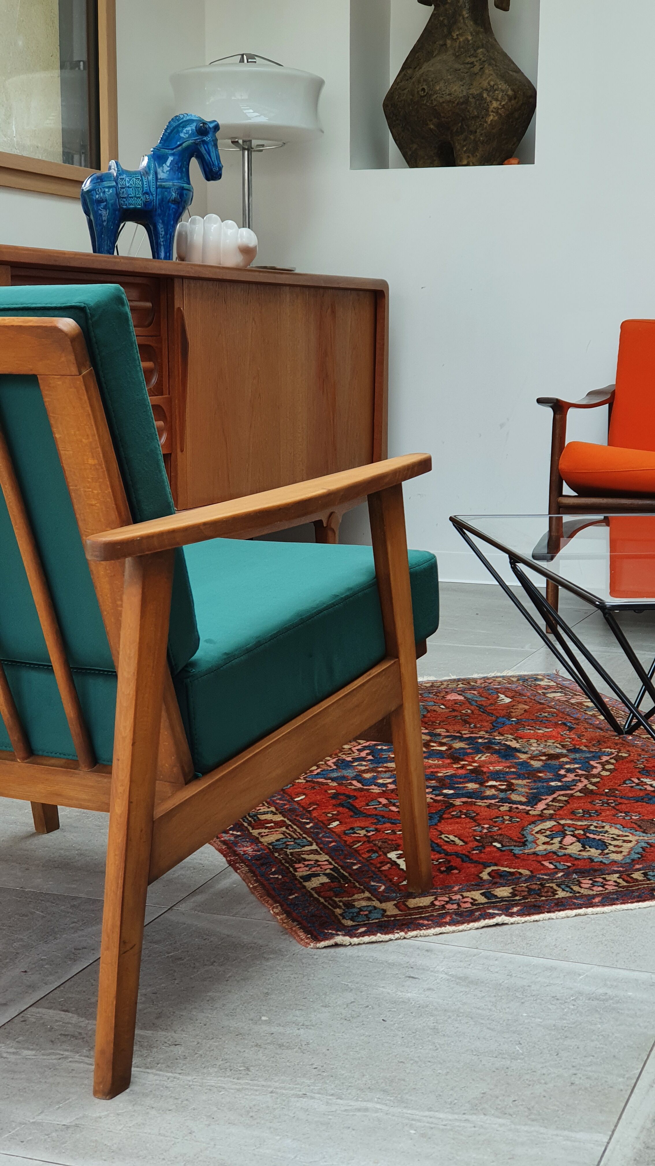 Scandinavian style armchair in forest green velvet