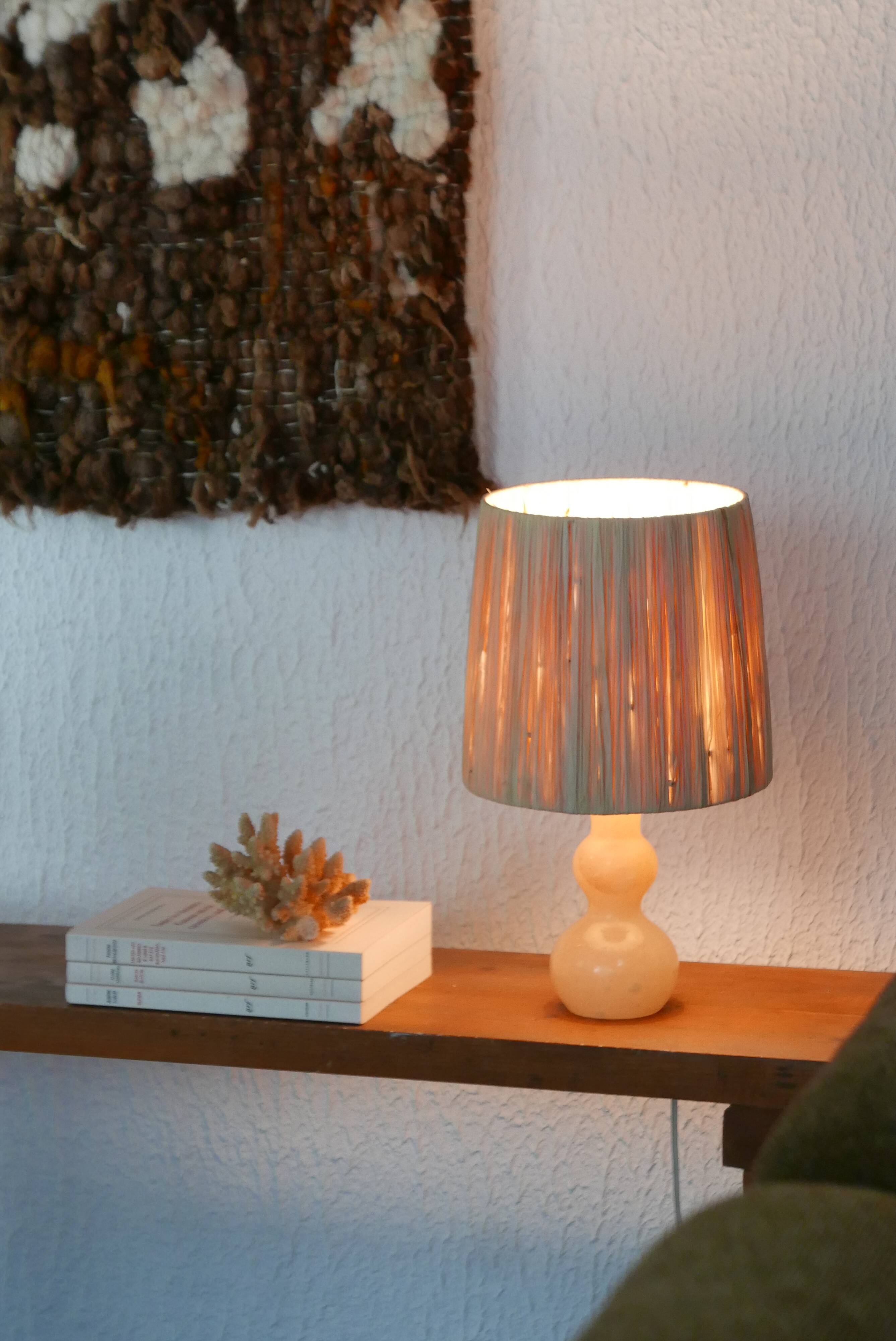 Alabaster lamp, raffia lampshade, 60s