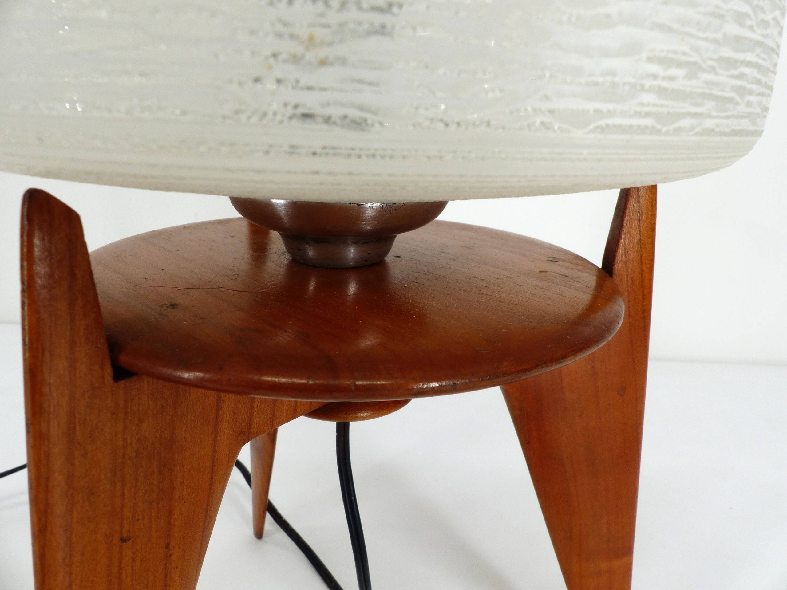 Vintage tripod table lamp wood and glass 1950 France