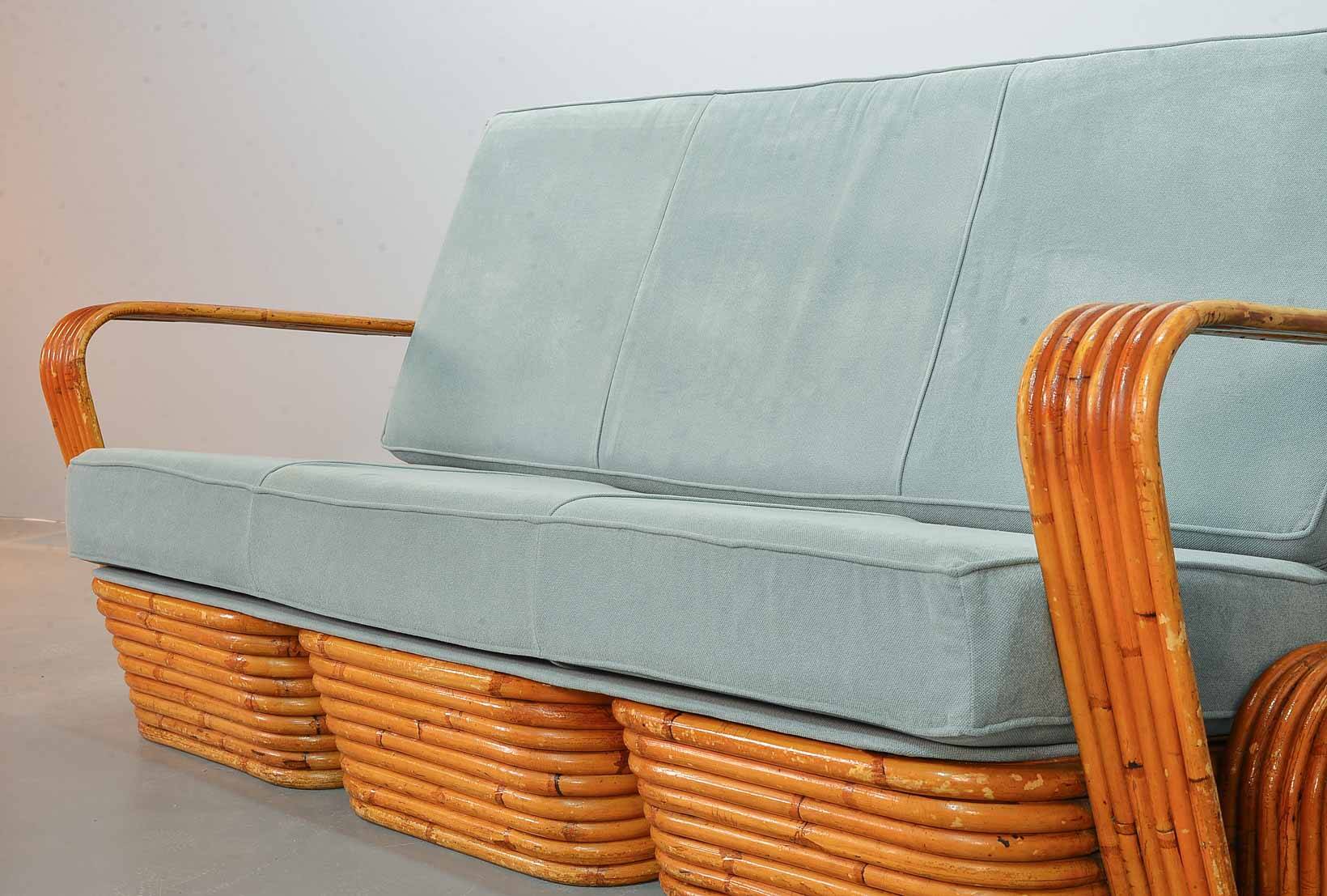 Exclusive Six Strand Rectangular Rattan 3-Seat Sofa after Paul Frankl, 50s