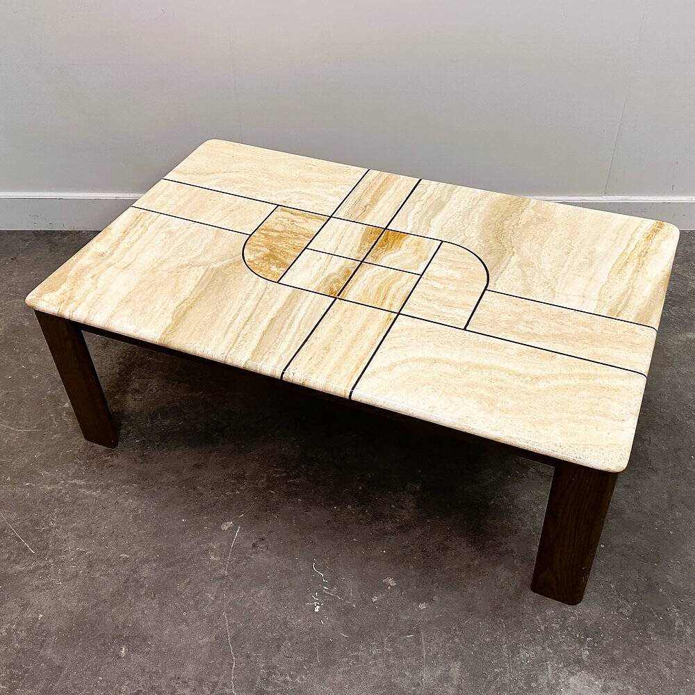 1970s travertine coffee table with sculptural top and solid oak base