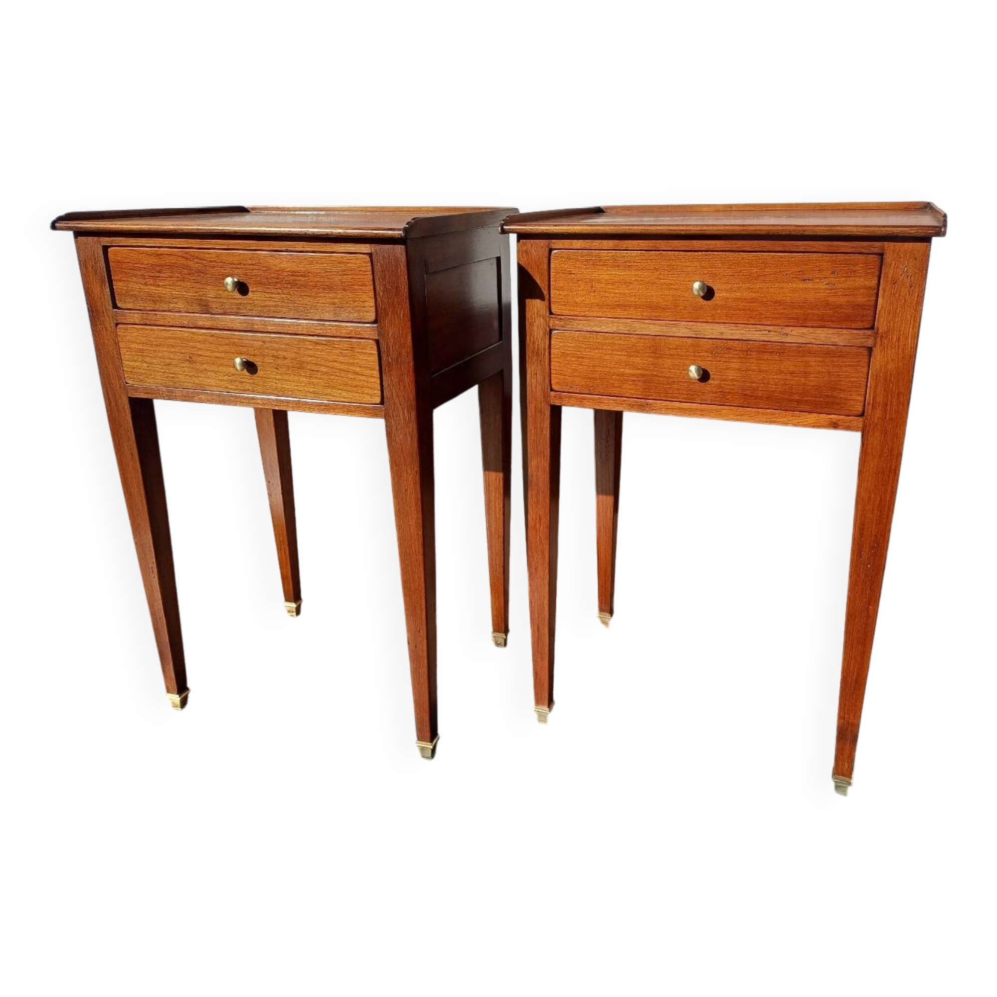Pair of Louis XVI style oak bedside tables with 2 drawers and spindle legs