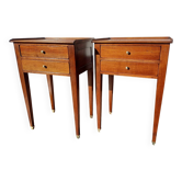 Pair of Louis XVI style oak bedside tables with 2 drawers and spindle legs