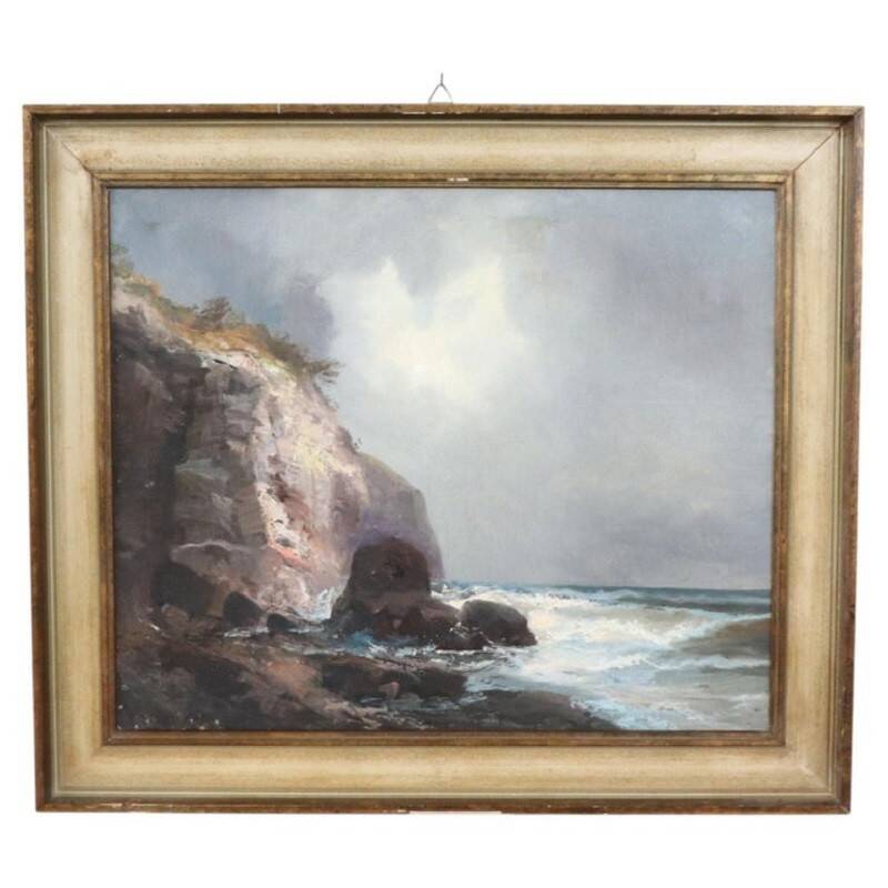 Seascape With Cliffs, Oil On Canvas, Italy, 20th Century