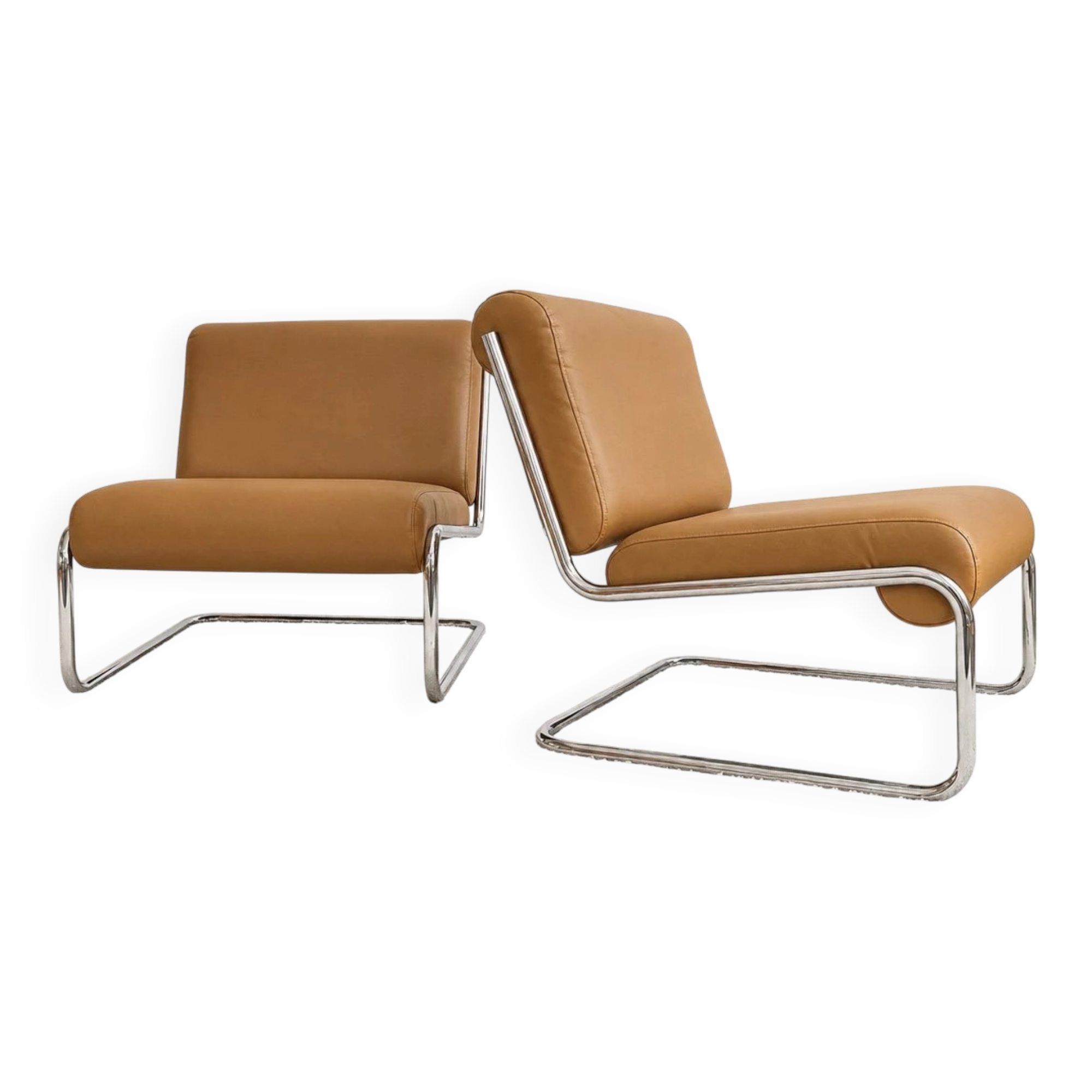 Vintage cantilever armchair. Brown faux leather upholstery. 60s