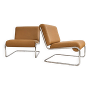 Vintage cantilever armchair. Brown faux leather upholstery. 60s