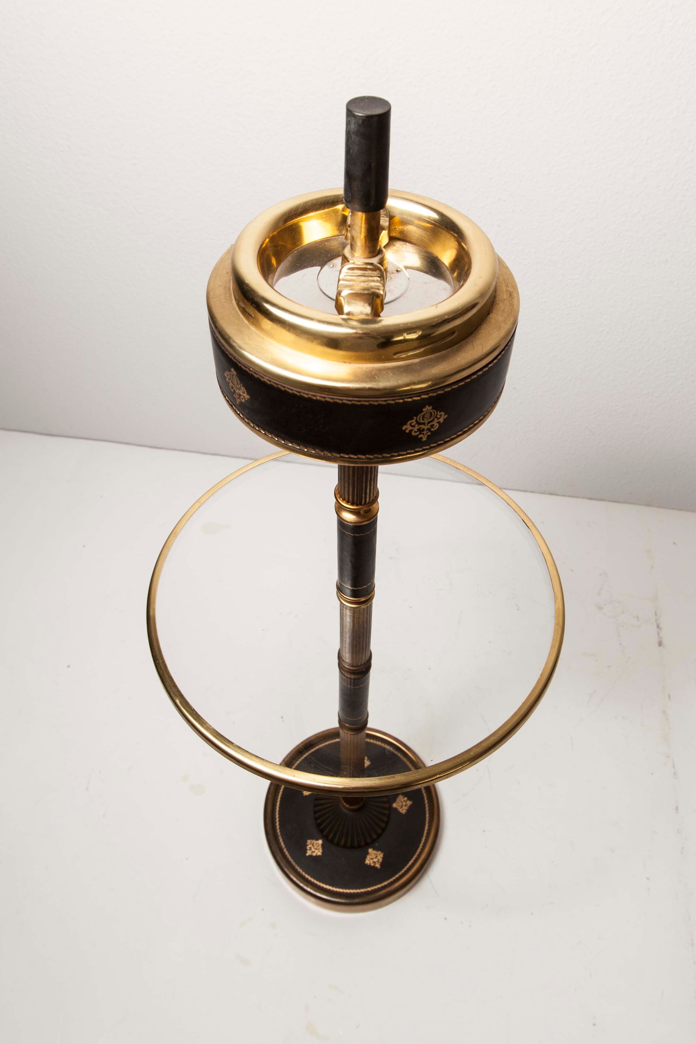 Ashtray on feet 60s gold, glass and leather