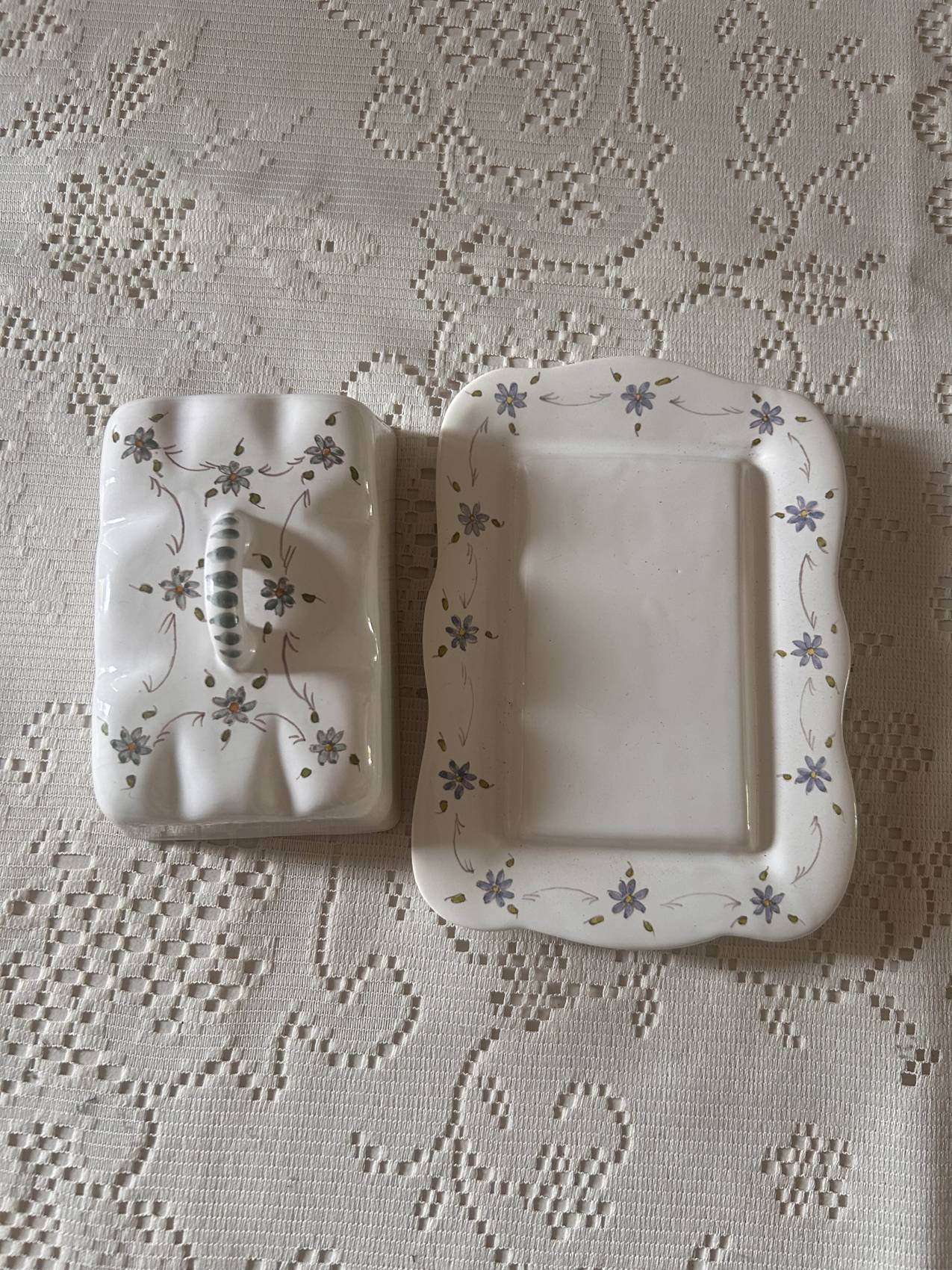 Handcrafted floral earthenware butter dish from the 1970s – Artisan production