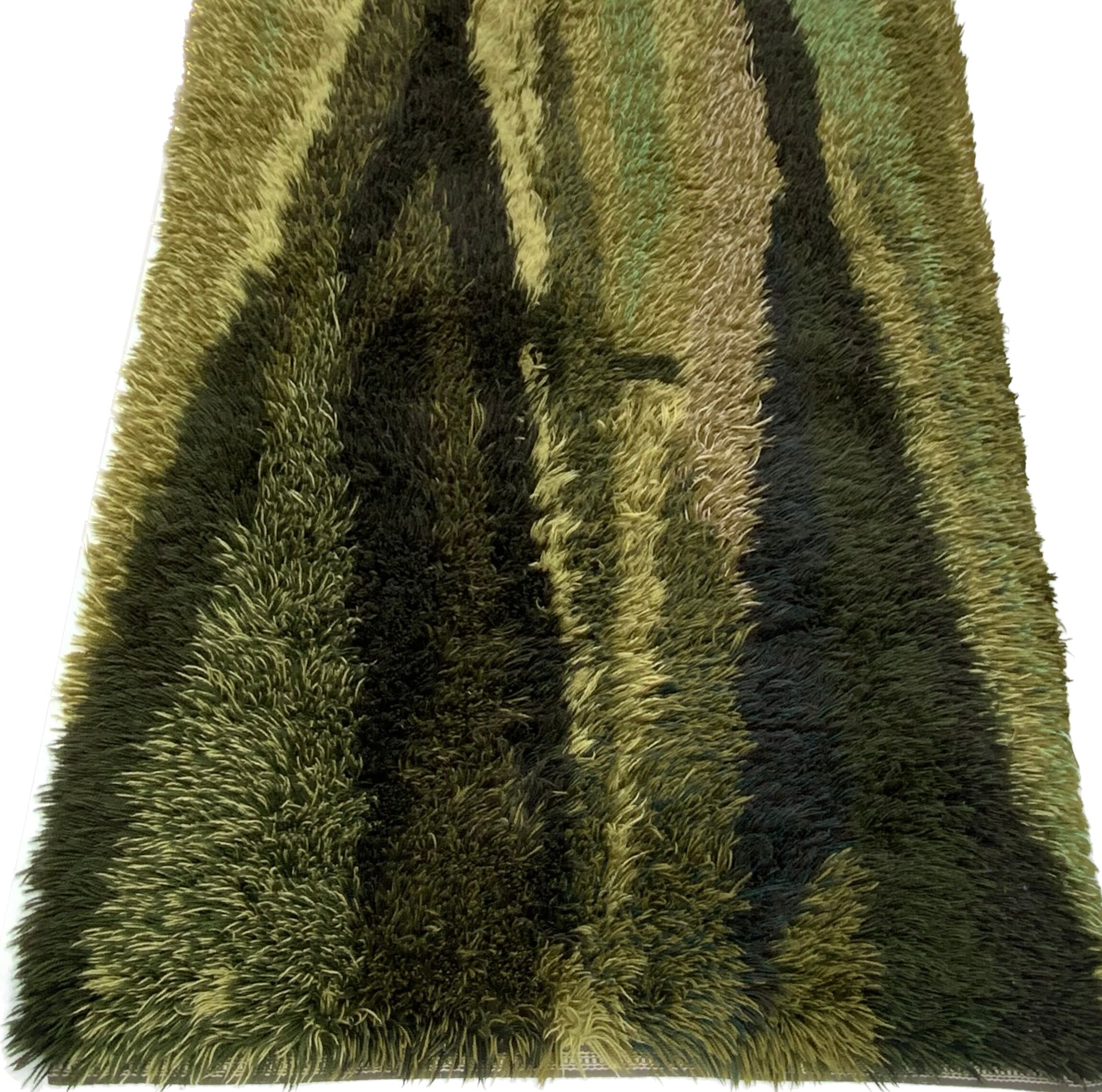 Green scandinavian modernist design wool rya rug woven handmade vintage 1960s
