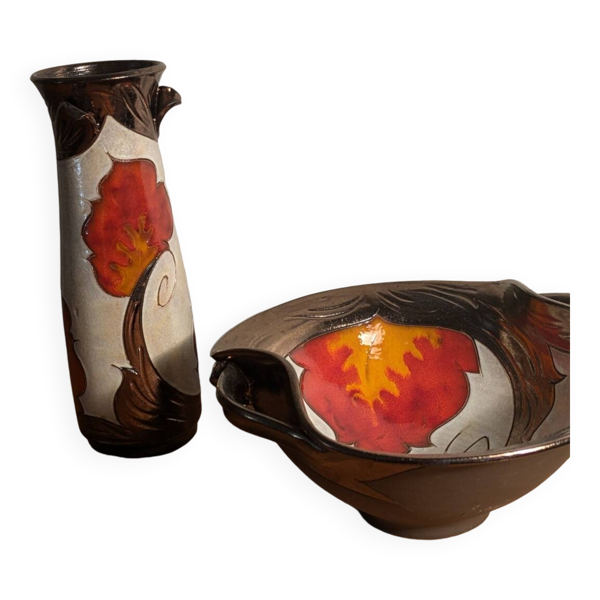 Vase et bol, coupe céramique vintage Tri Ushi (Bulgarie)