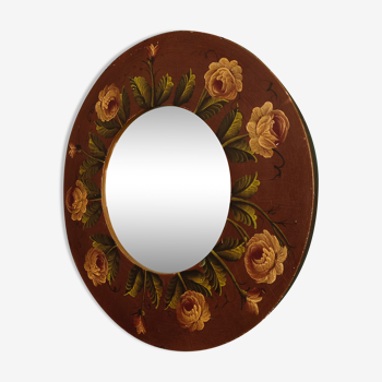 Vintage hand painted wooden round wall mirror
