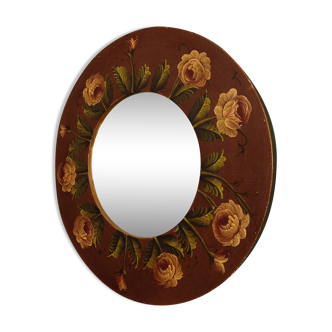 Vintage hand painted wooden round wall mirror