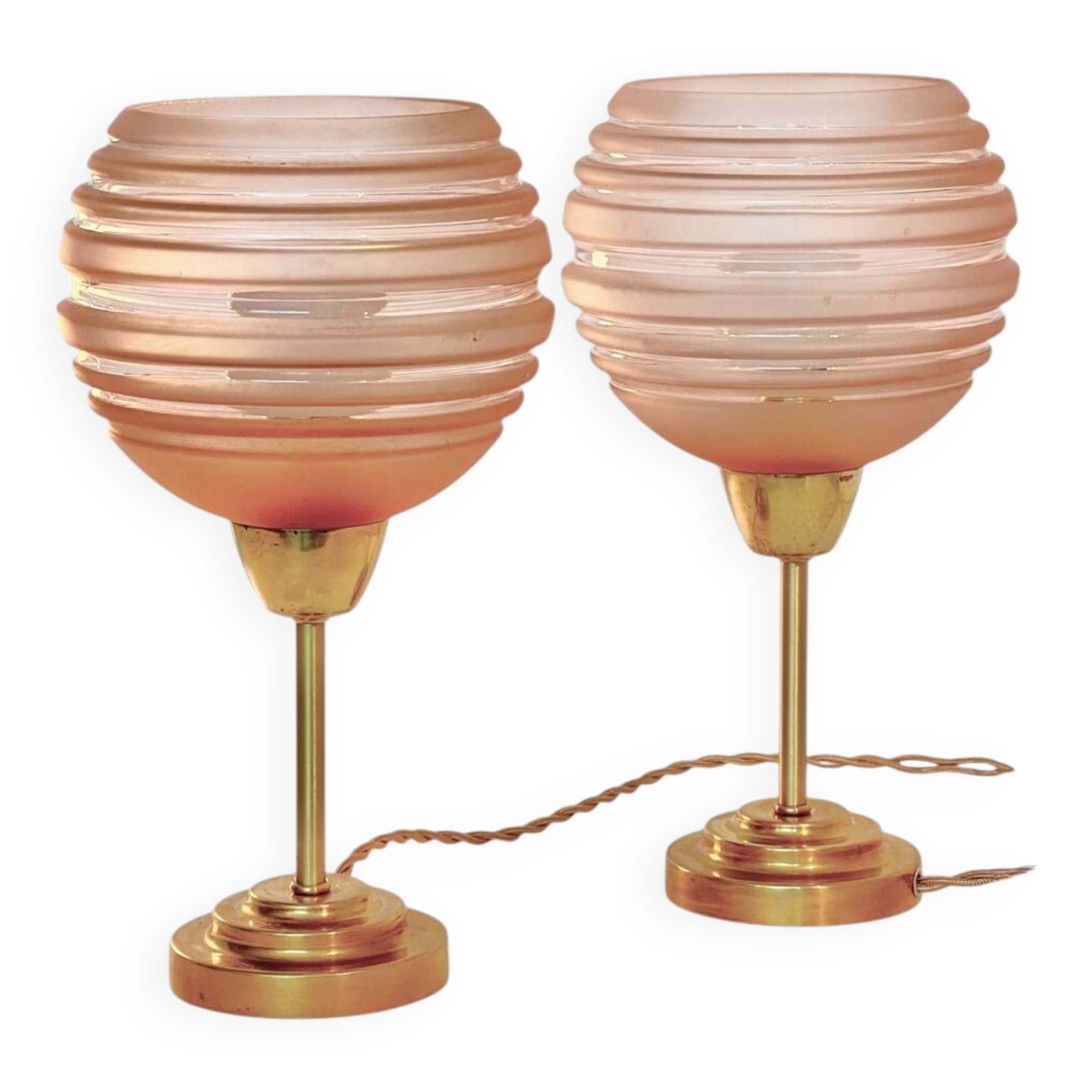 Pair of Art Deco bedside lamps in brass and etched glass