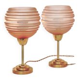 Pair of Art Deco bedside lamps in brass and etched glass