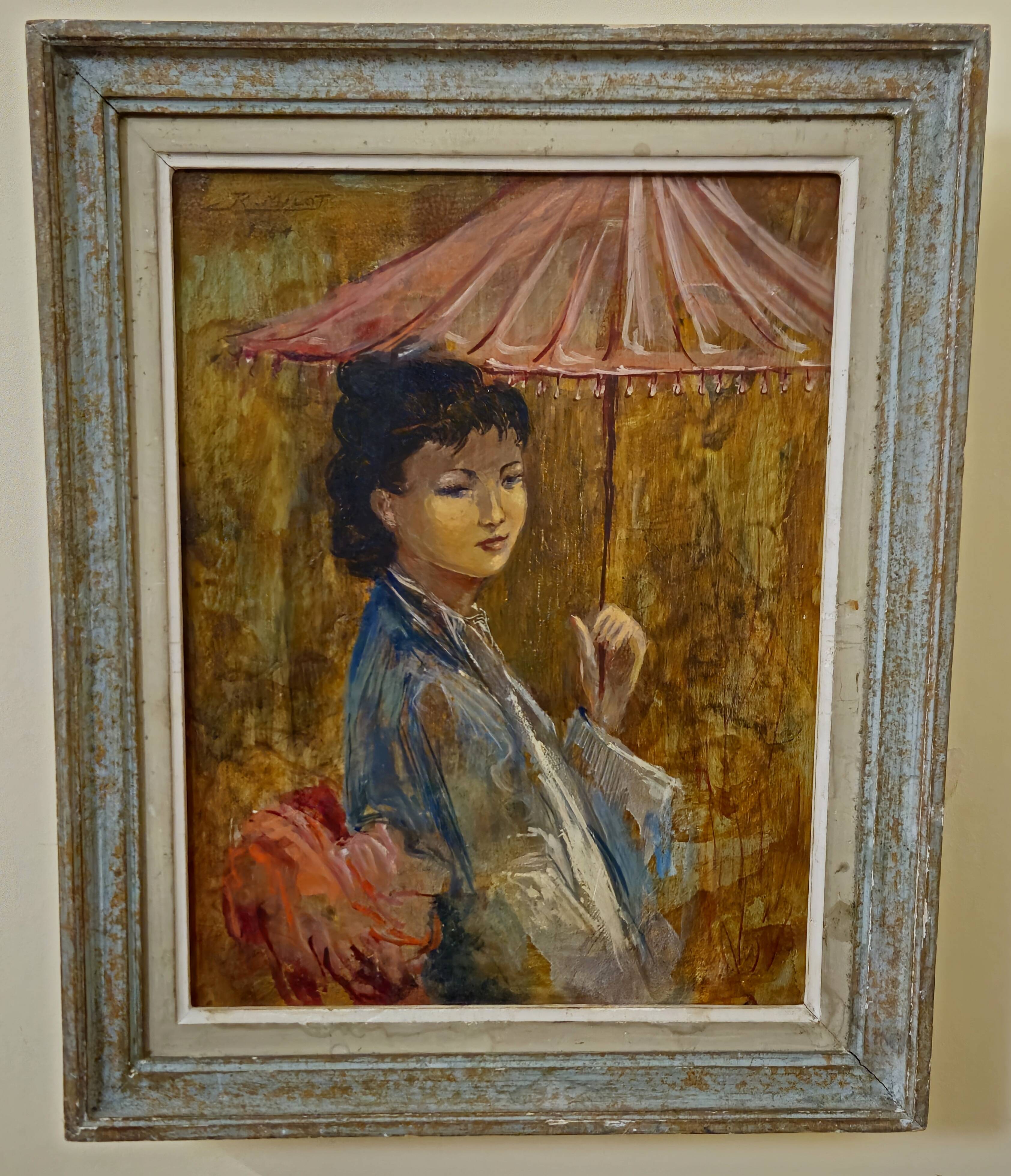 R. Milot – Young Woman with a Parasol – Oil on Panel – Art Deco Period