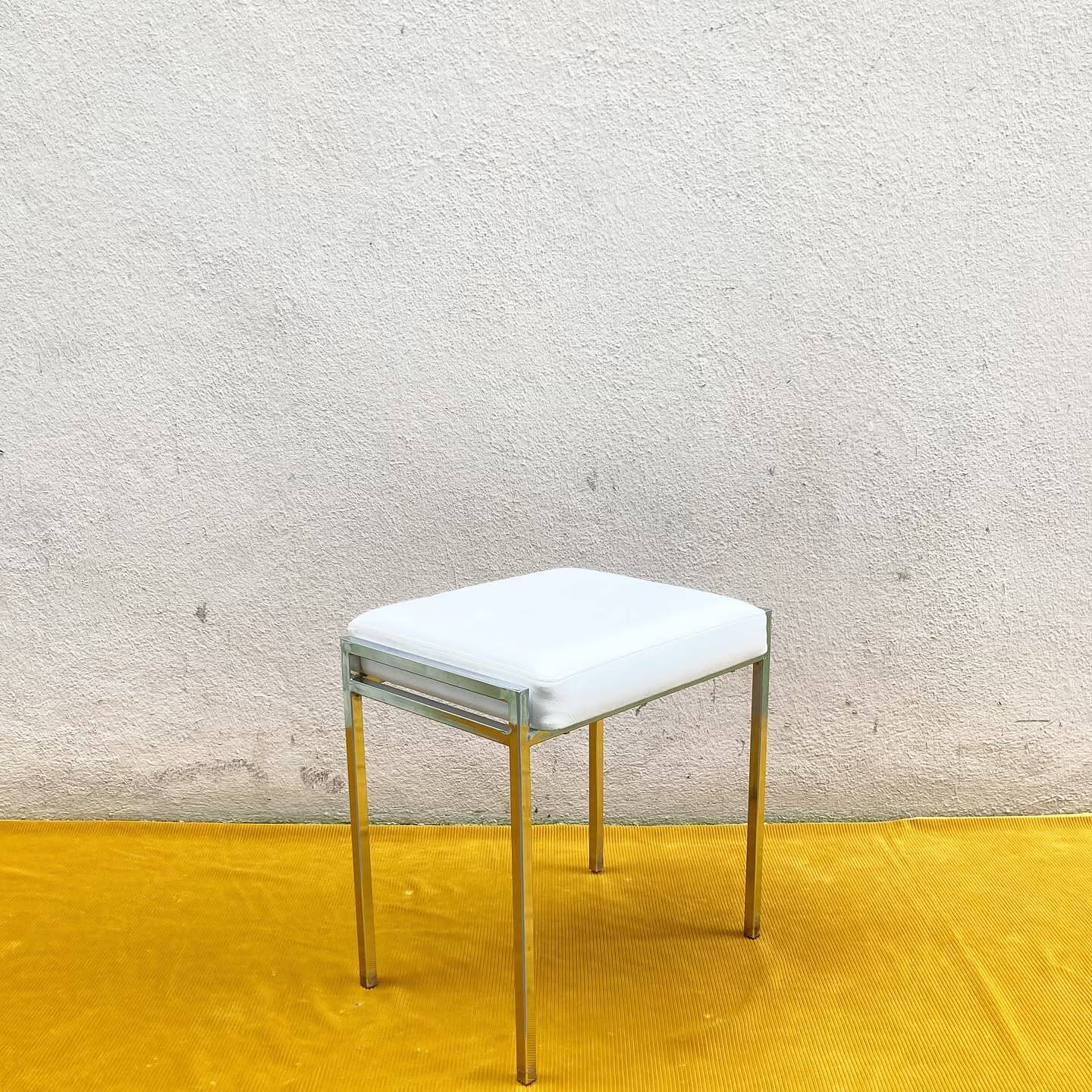 70s Minimalist Stool - White Leather & Chrome Metal