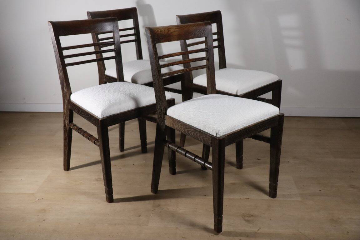 Set of 4 modernist chairs in oak and bouclé fabric, 1940