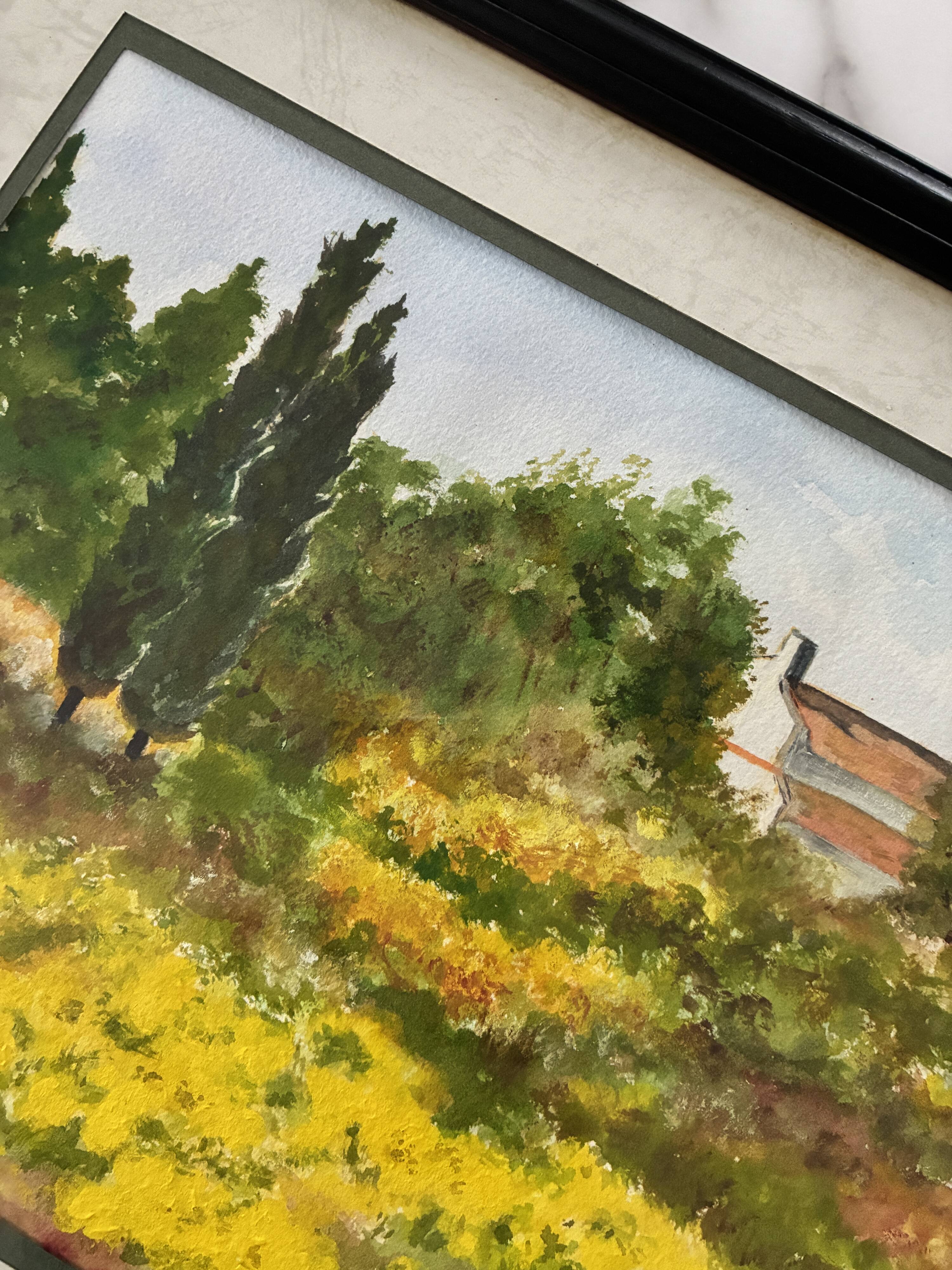 Tableau aquarelle Champs de colza en Provence