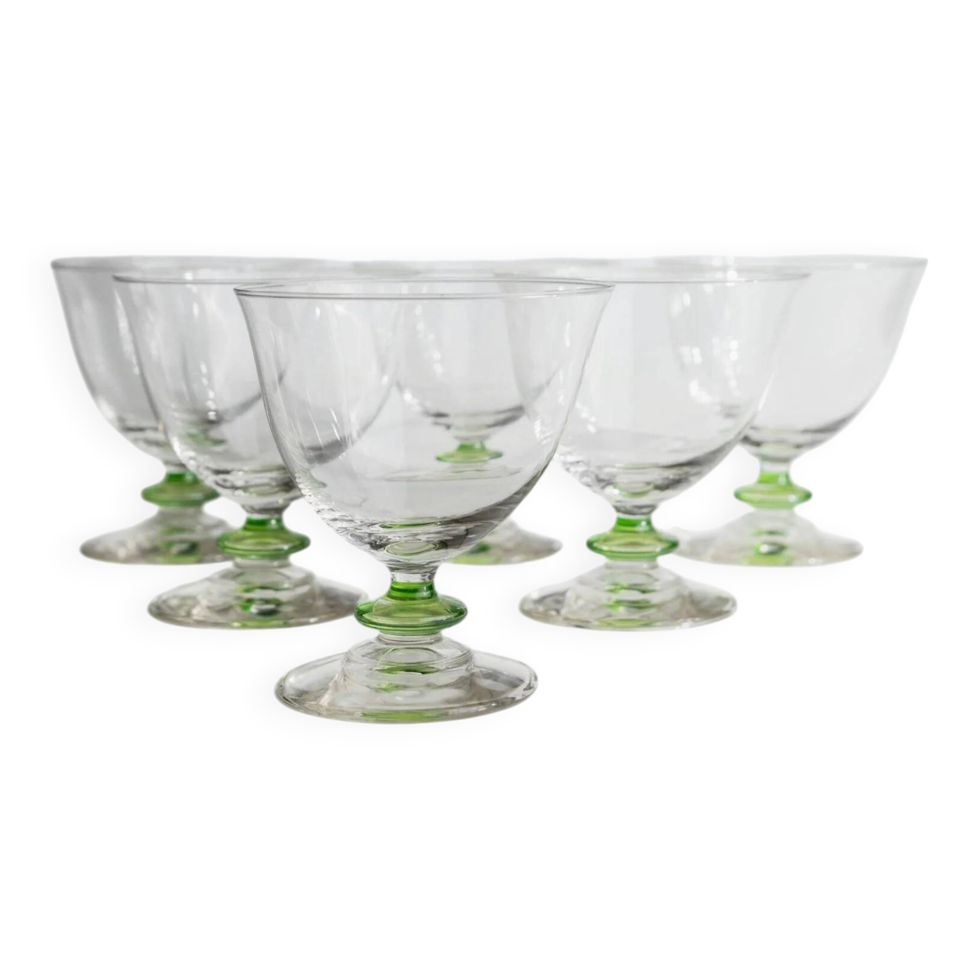 Ensemble de 6 verres à cocktail en verre de Murano vert vintage : verres à tige à bulles, années 1970, style italien du milieu du siècle.