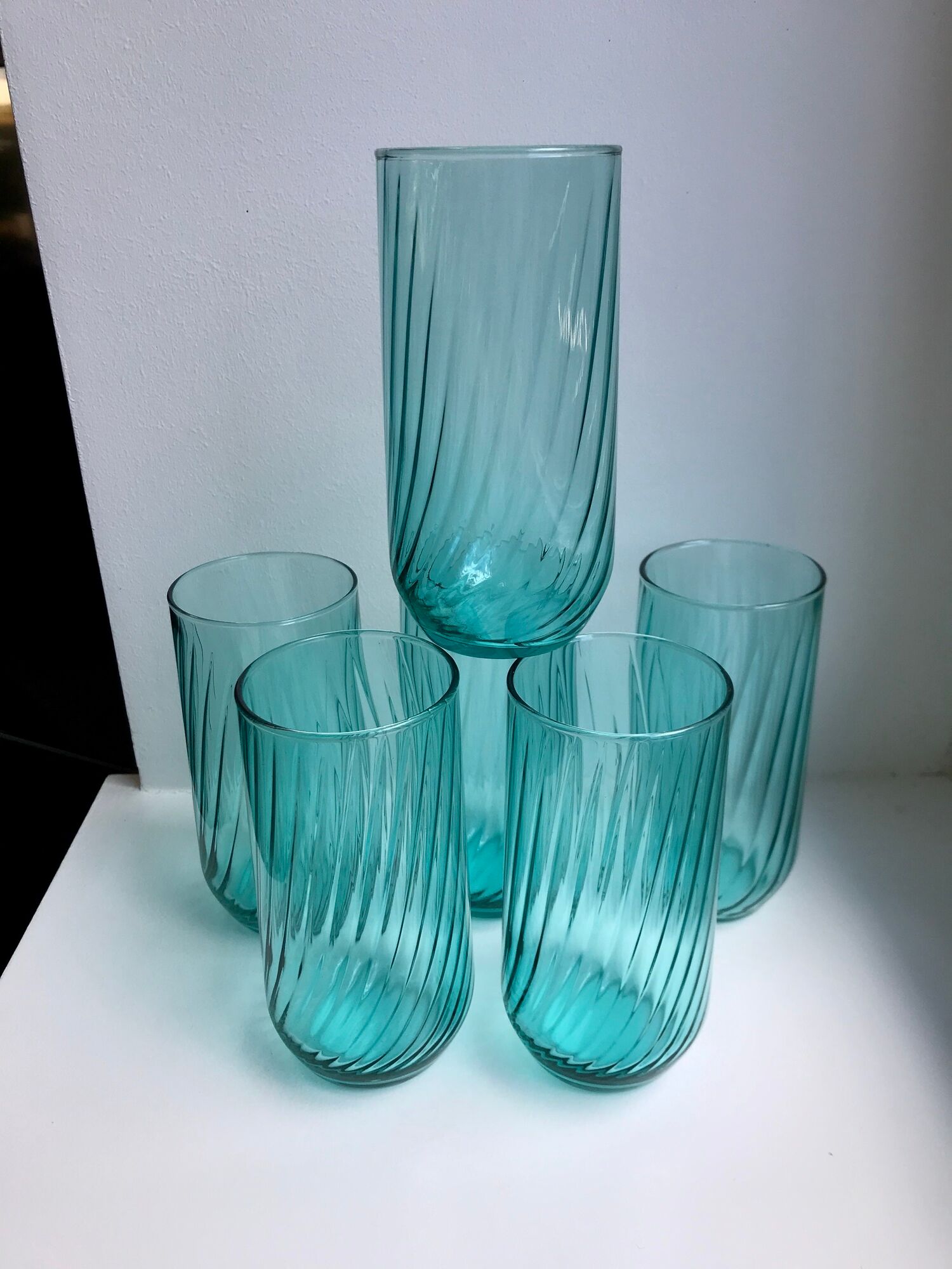 Set of 6 turquoise striped glasses 70s