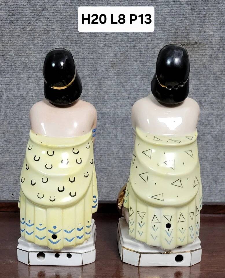 Pair of polychrome porcelain night light statues in Art Nouveau style