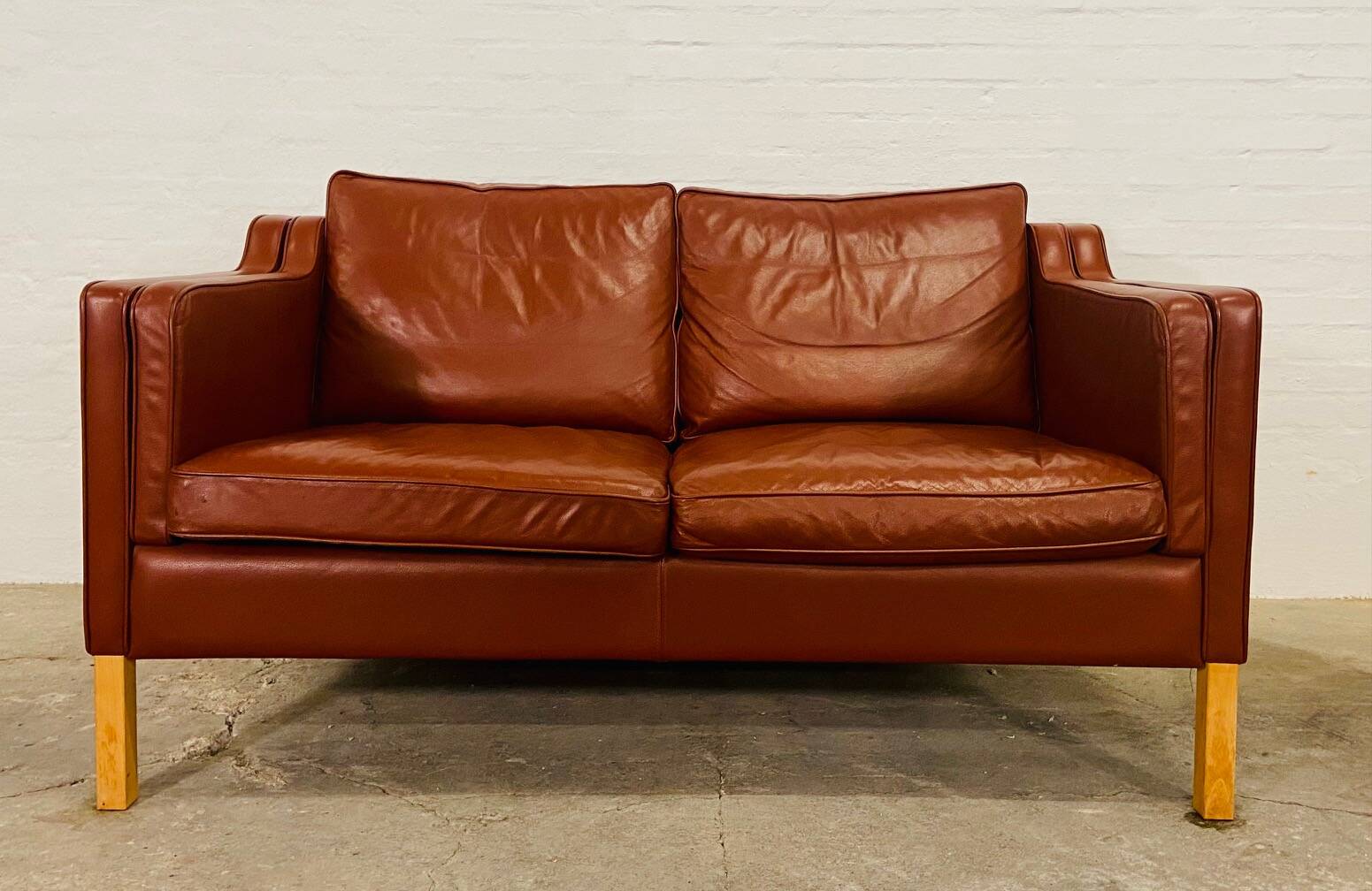 Vintage danish mid century stouby dark cognac leather 2 seater sofa