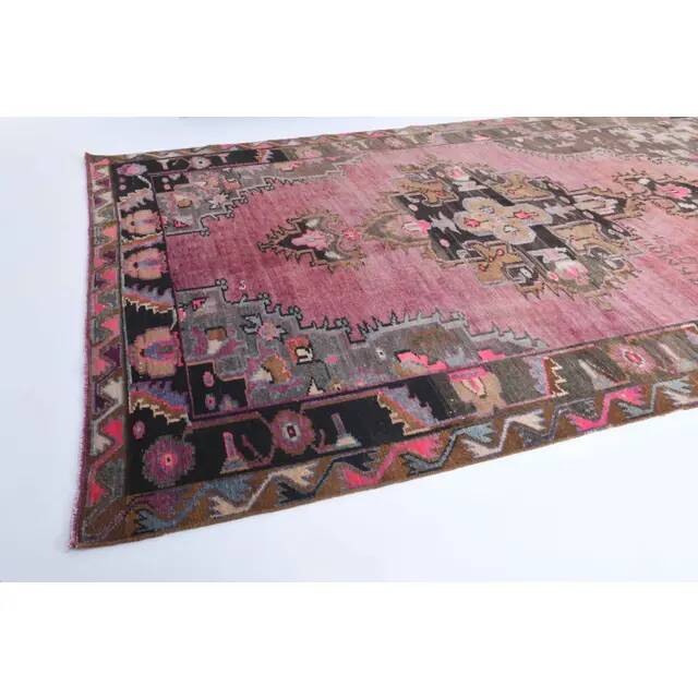 Vintage Turkish hand-knotted wool cotton pink area rug 180x475