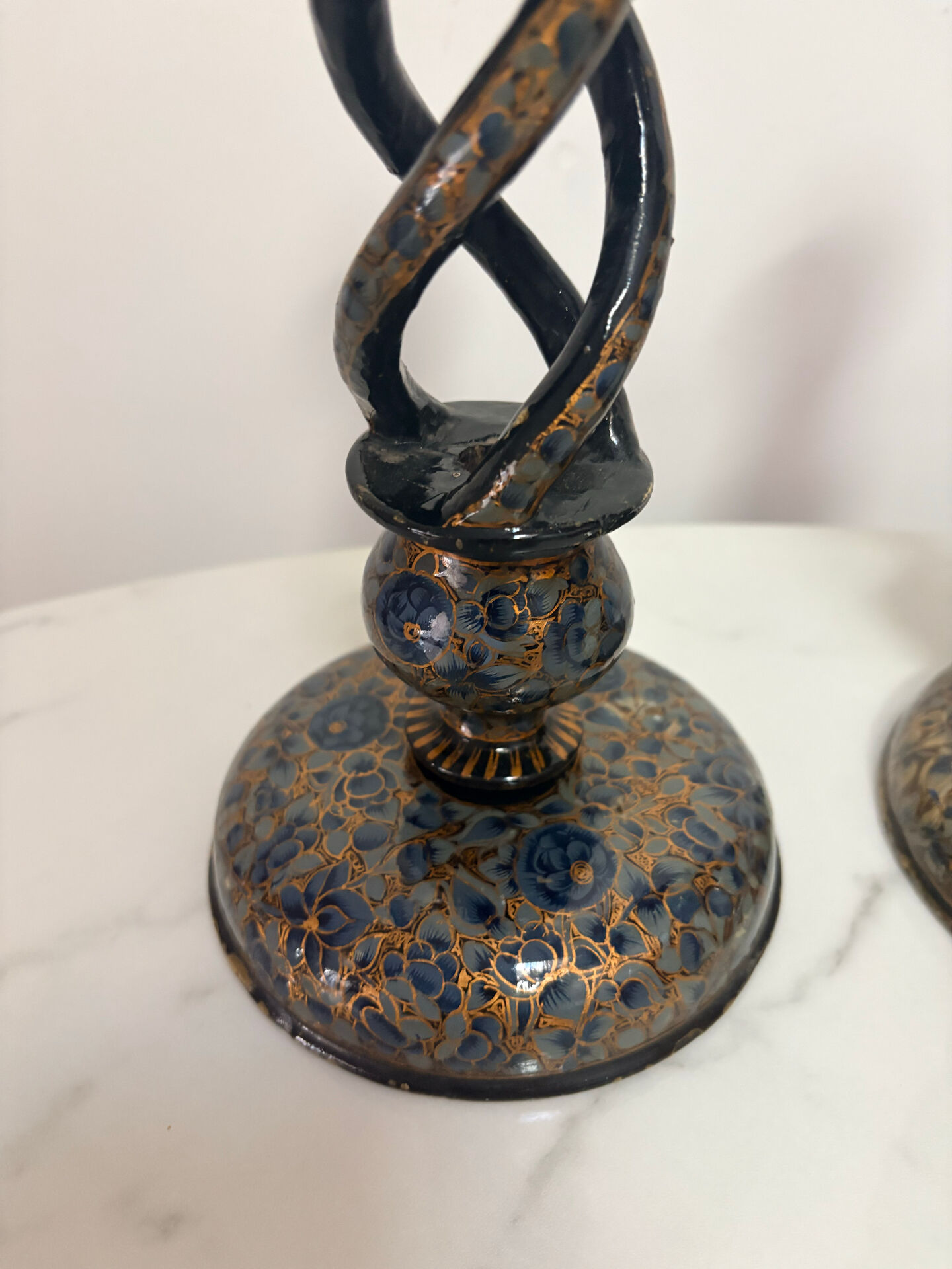 Pair of ancient Kashmiri candlesticks in midnight blue and gold – lamp bases