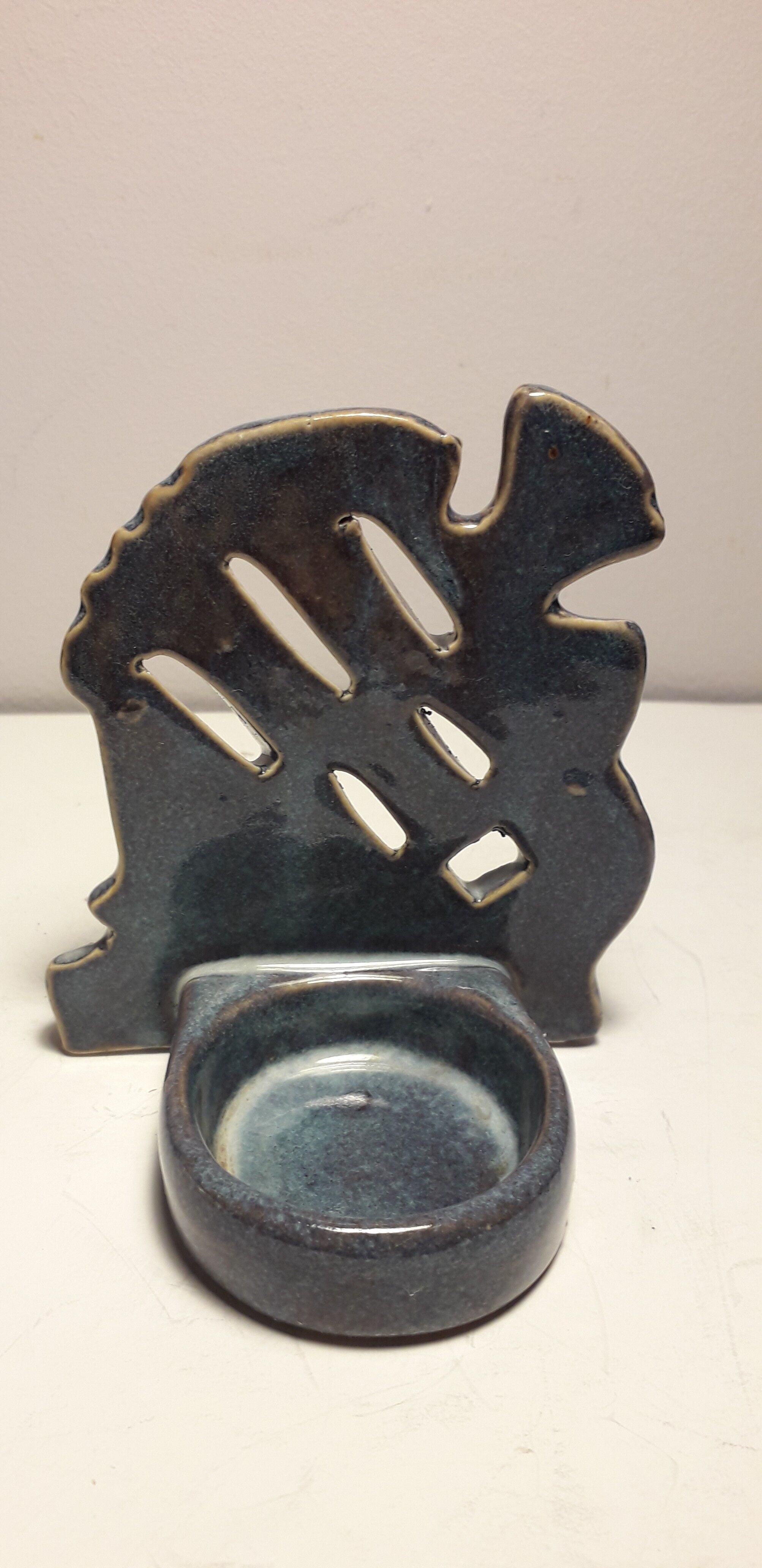 Set of 3 candle holders in glazed ceramic gray blue, shape "fish".