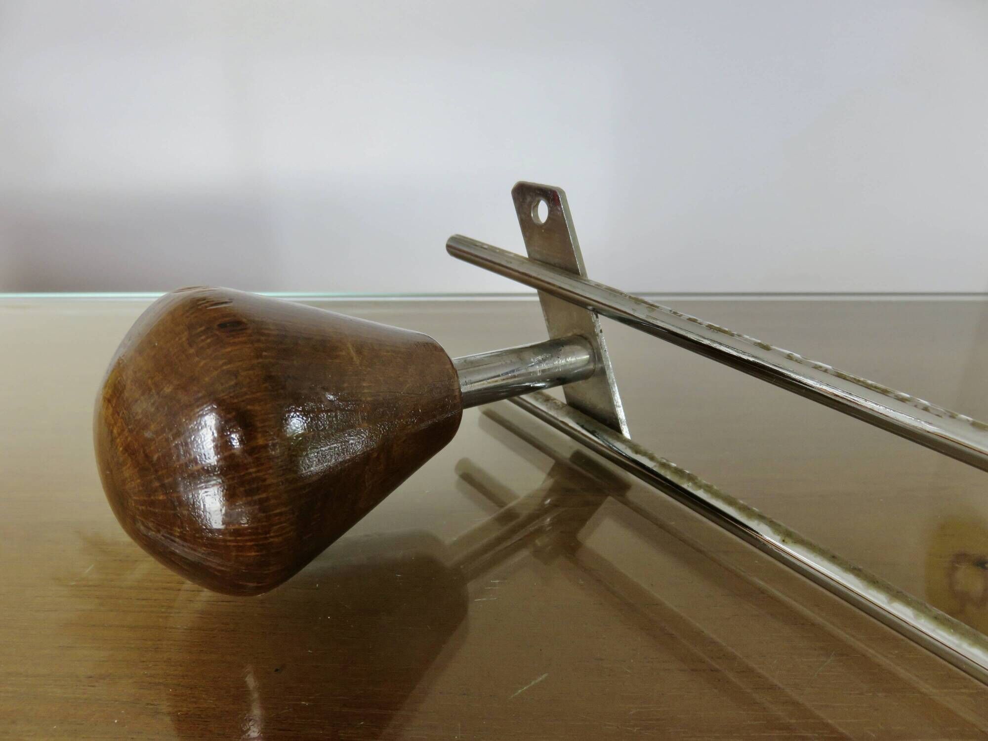 Scandinavian wall-mounted coat rack, wood and chrome-plated metal, 1960s-70s