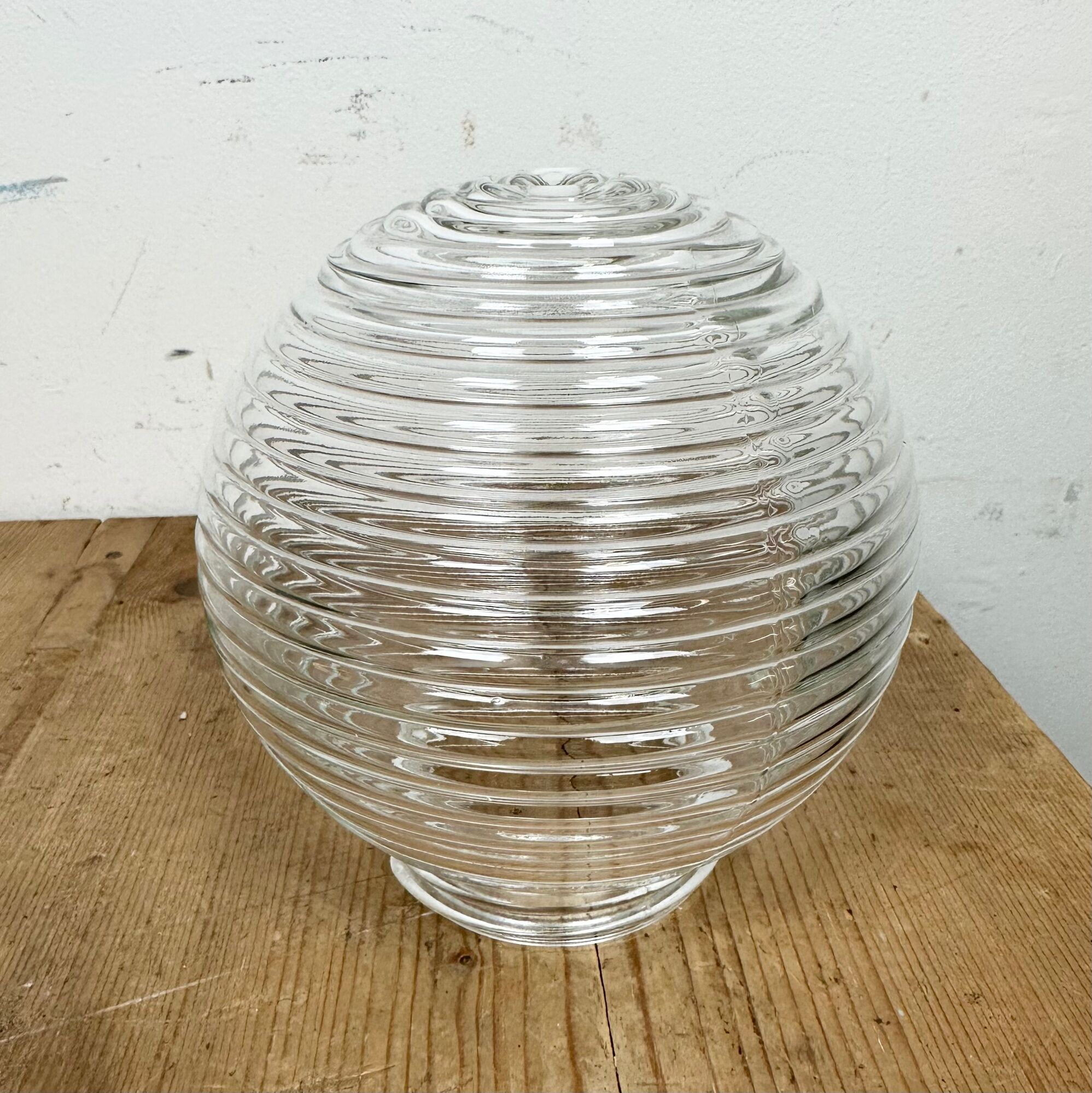 Industrial porcelain red enamel pendant light with ribbed clear glass, 1970s