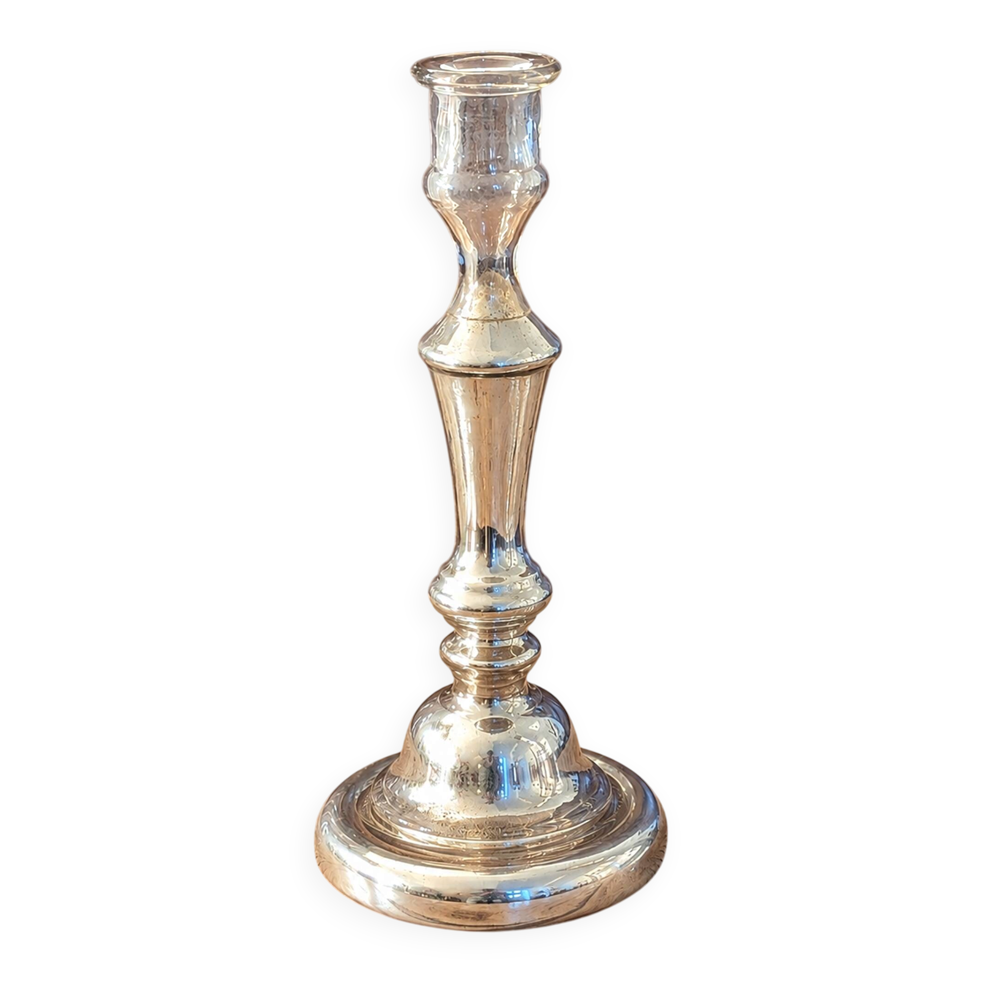 Large mercury glass candlestick from the 19th century.