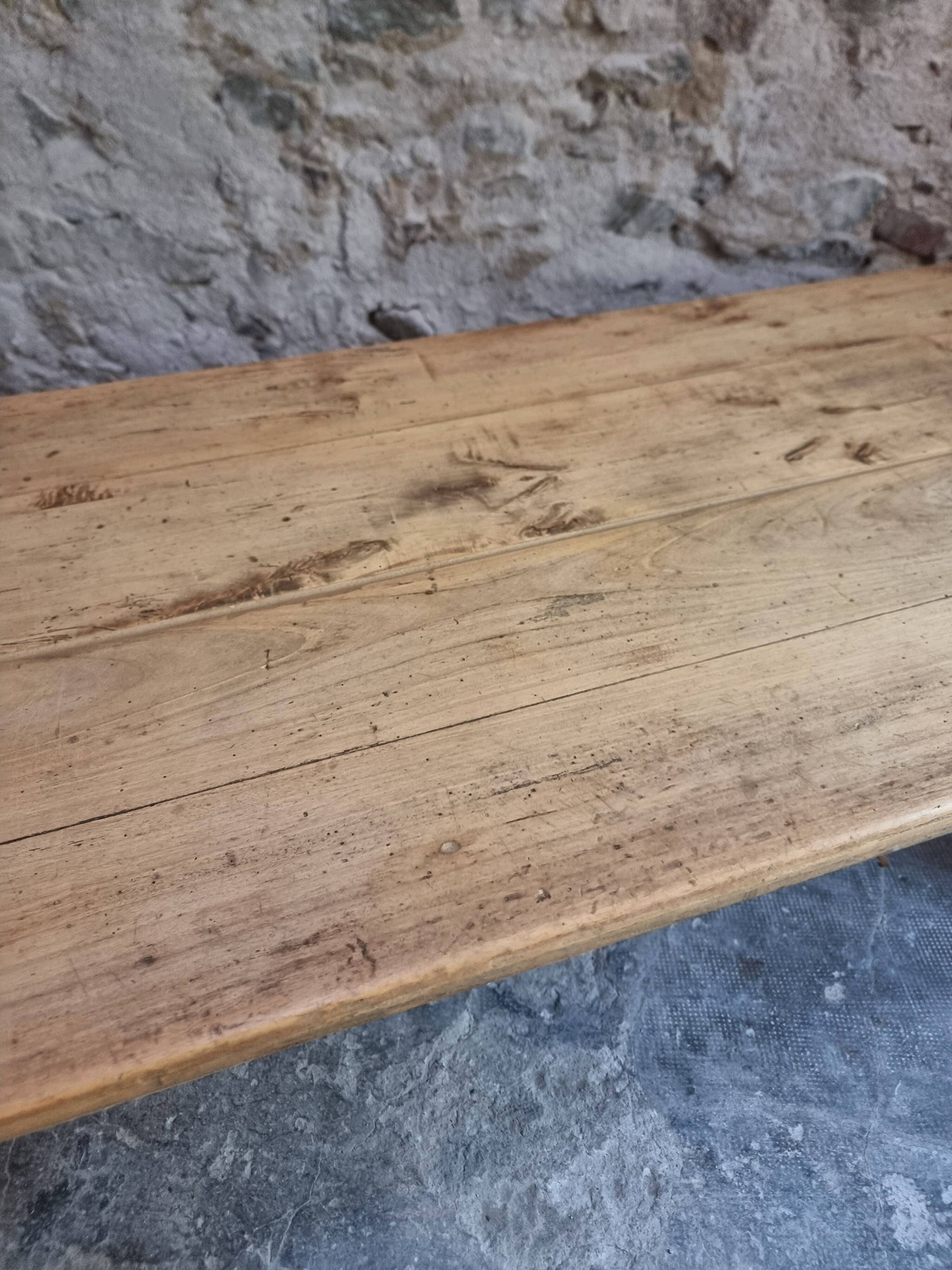 Old farmhouse dining table, rustic kitchen, poplar top, chestnut base, two drawers, 1800–1850.