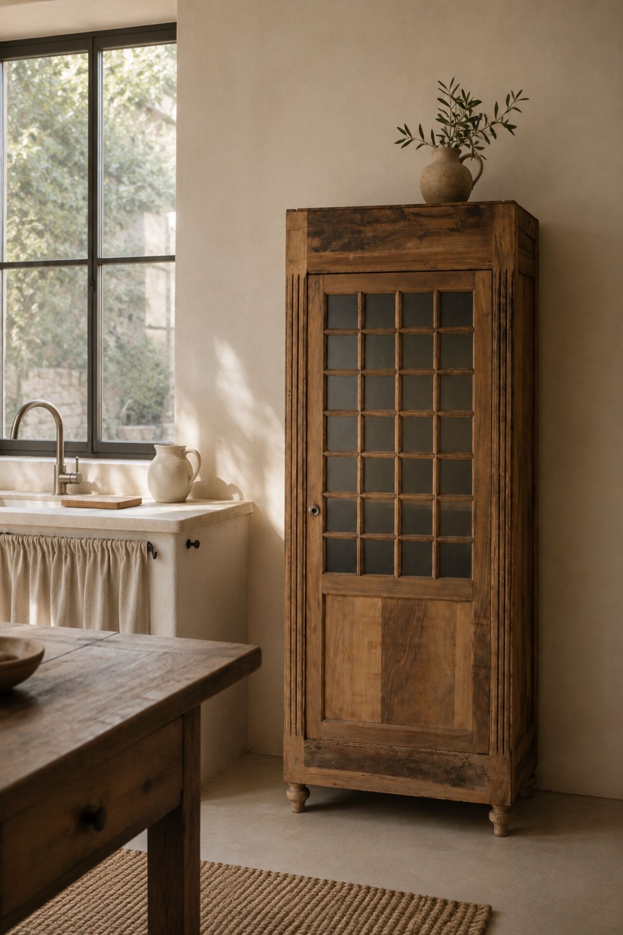 Glass-fronted cabinet from 1915, solid wood.