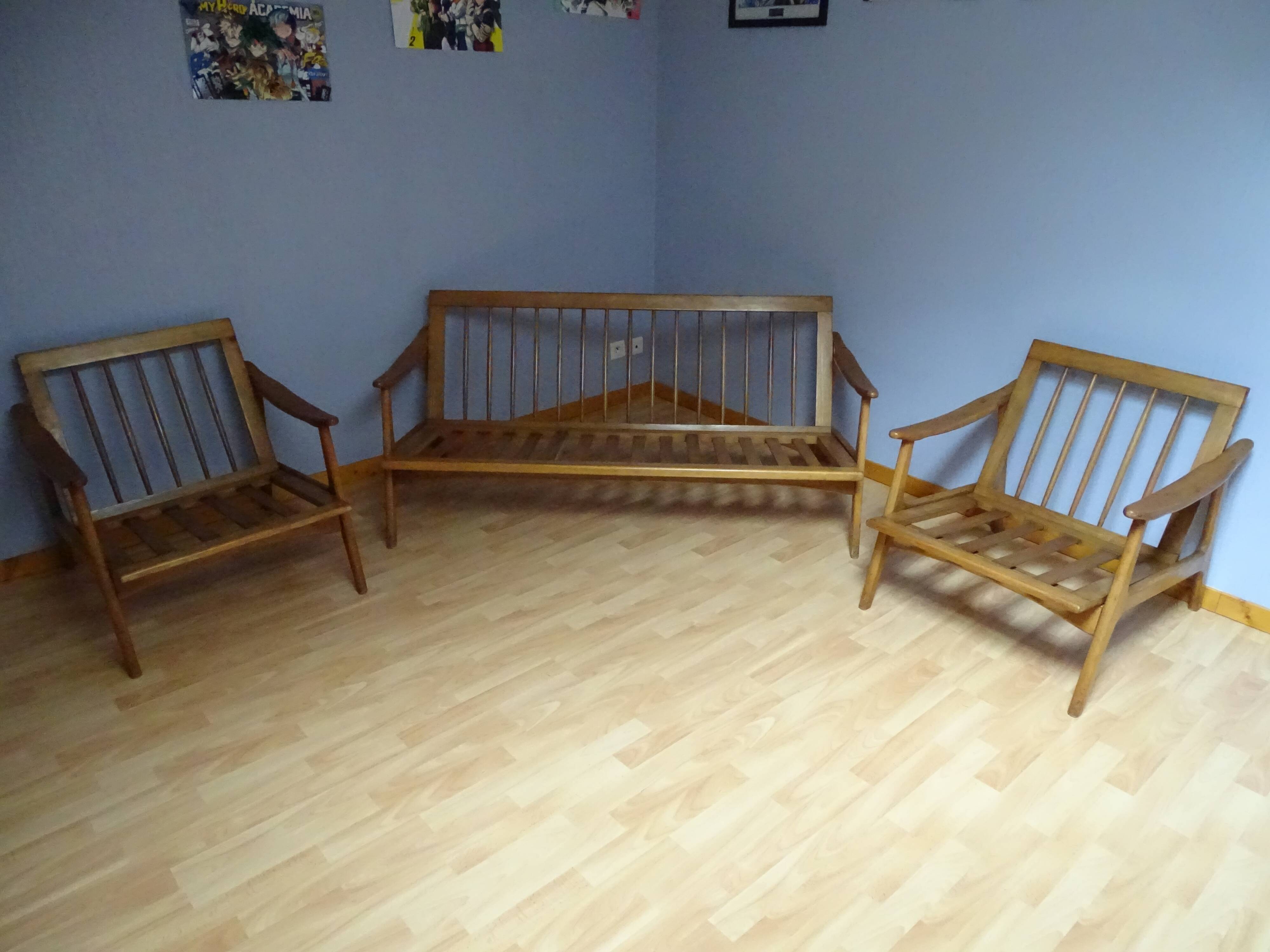 Scandinavian lounge bench and two armchairs