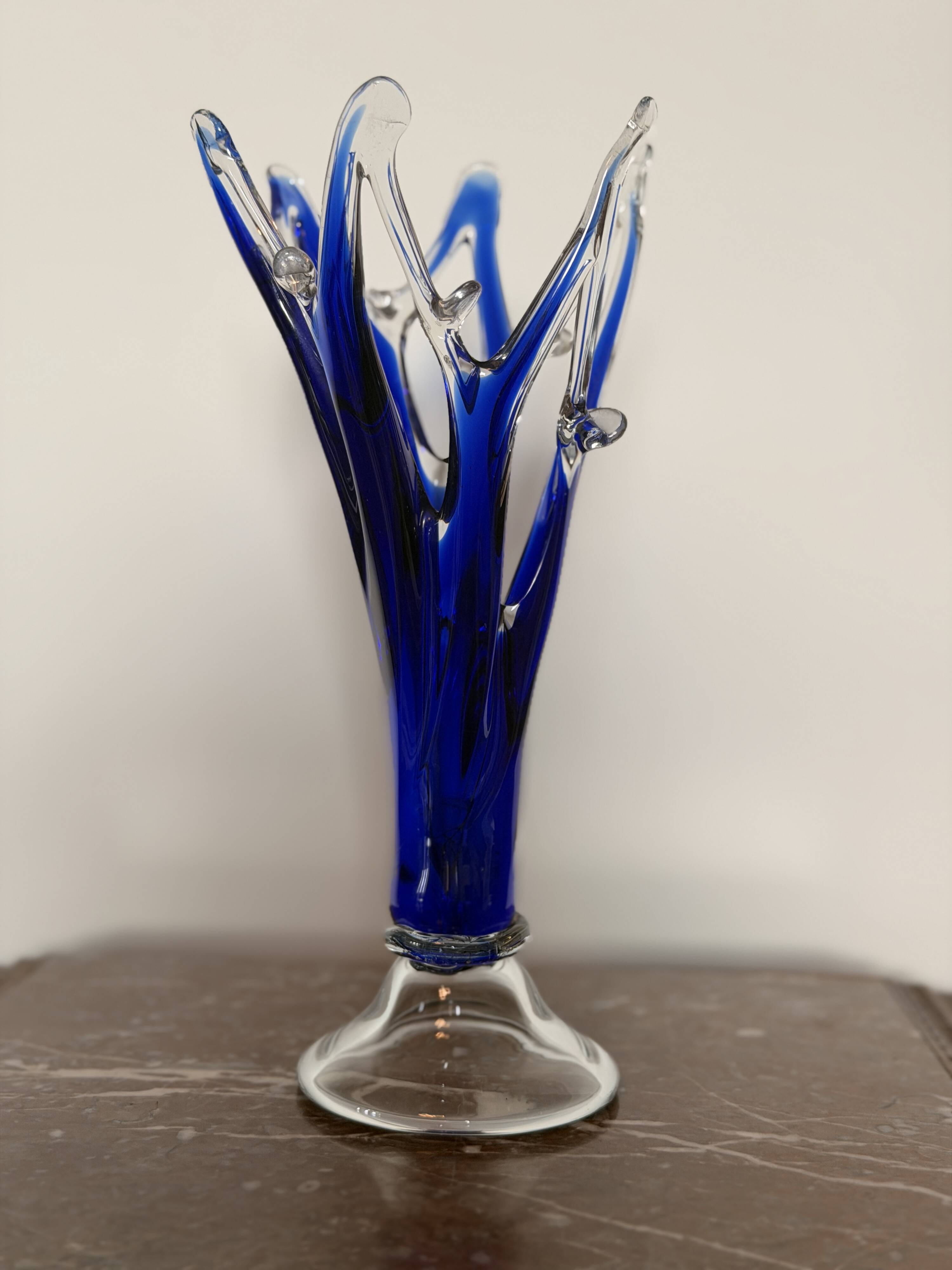 Vintage Cobalt Blue Crystal Vase Sculpture - Murano Style