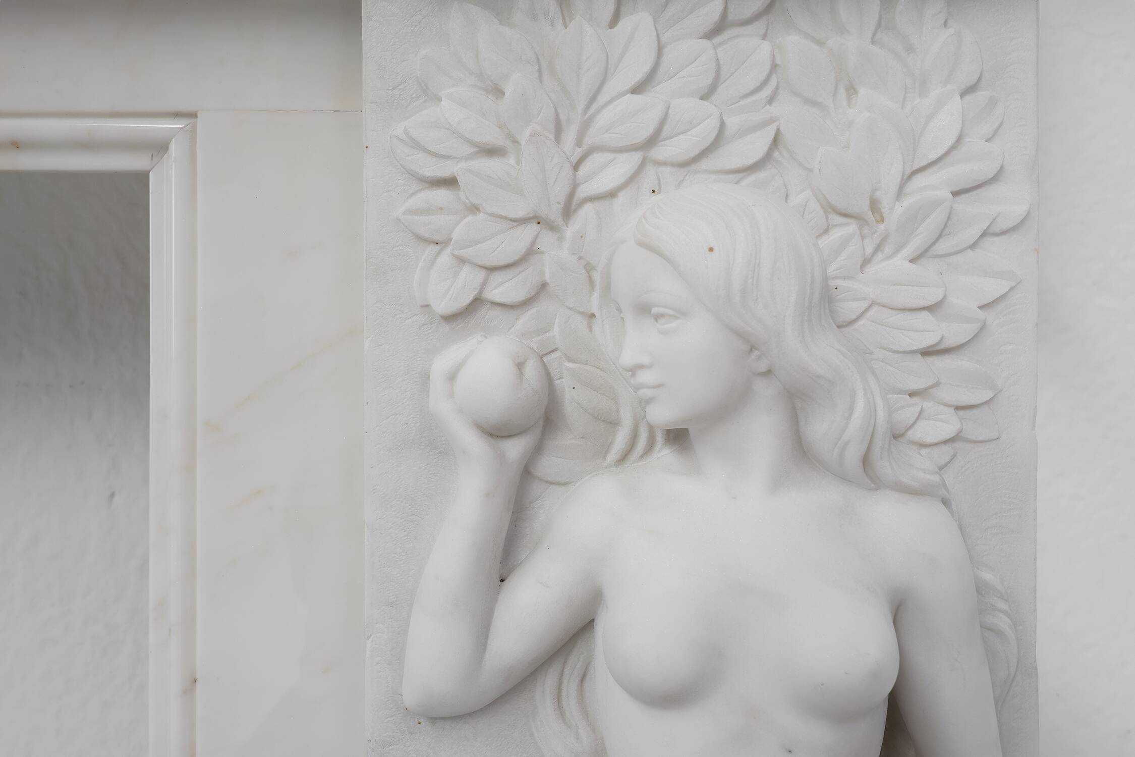 French Carrara marble fire place with Adam and Eve decoration