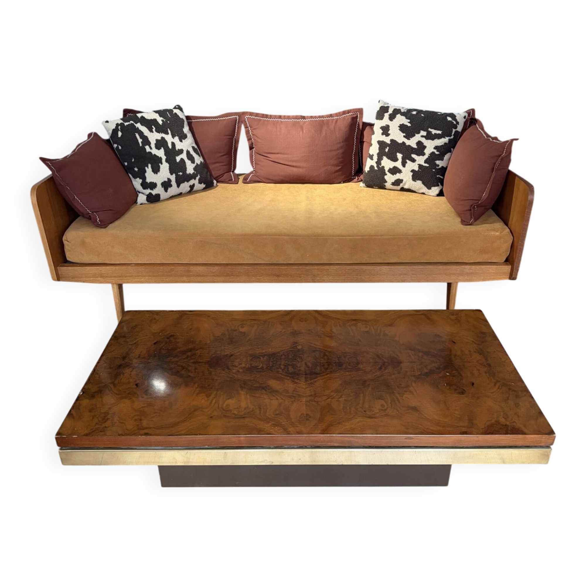 Elm burl coffee table and brass 70s Roche Bobois