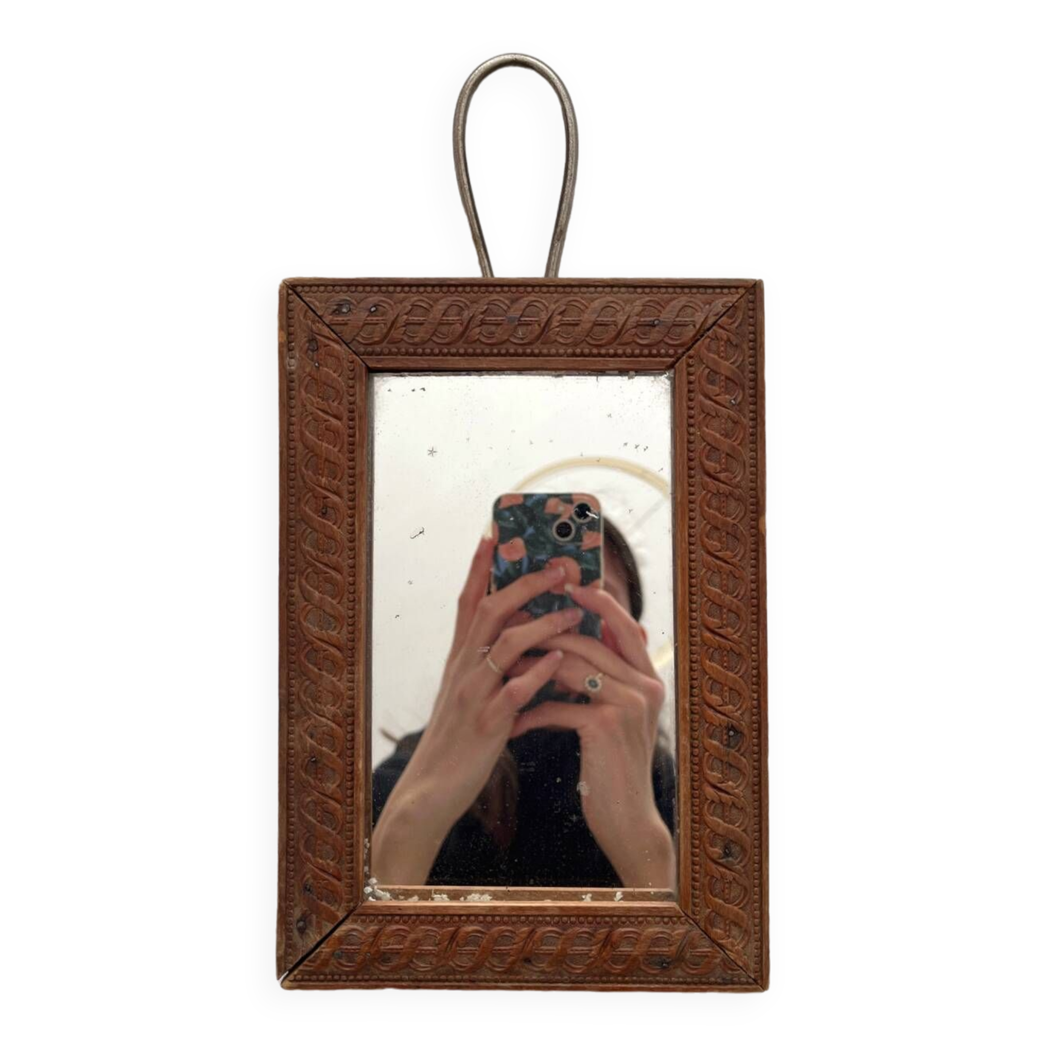 Antique mercury glass barber mirror and carved wooden frame