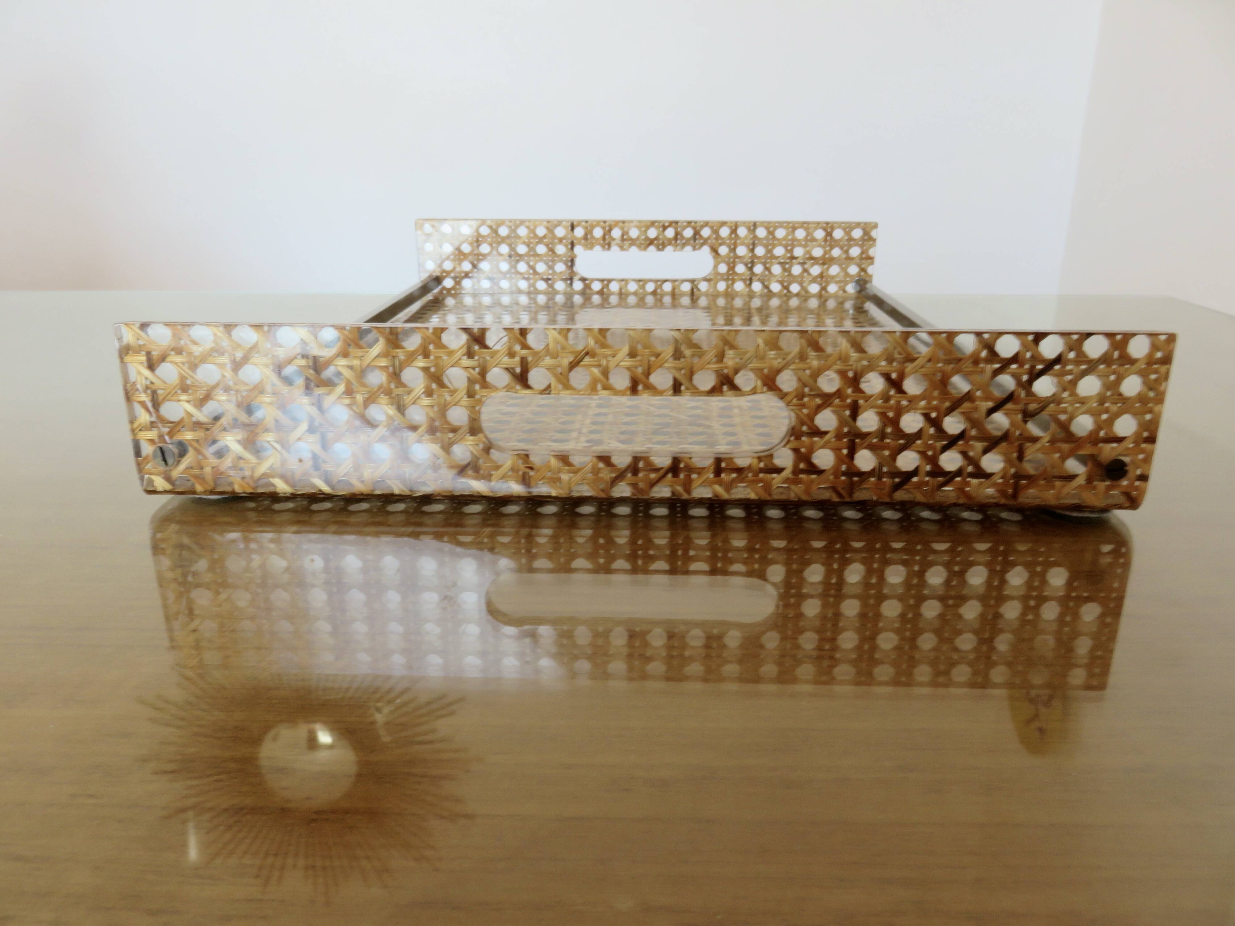 Plateau 'CHRISTIAN DIOR' plexiglass, canework and brass, 1970, lucite