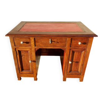 bureau en bois massif, plateau cuir rouge