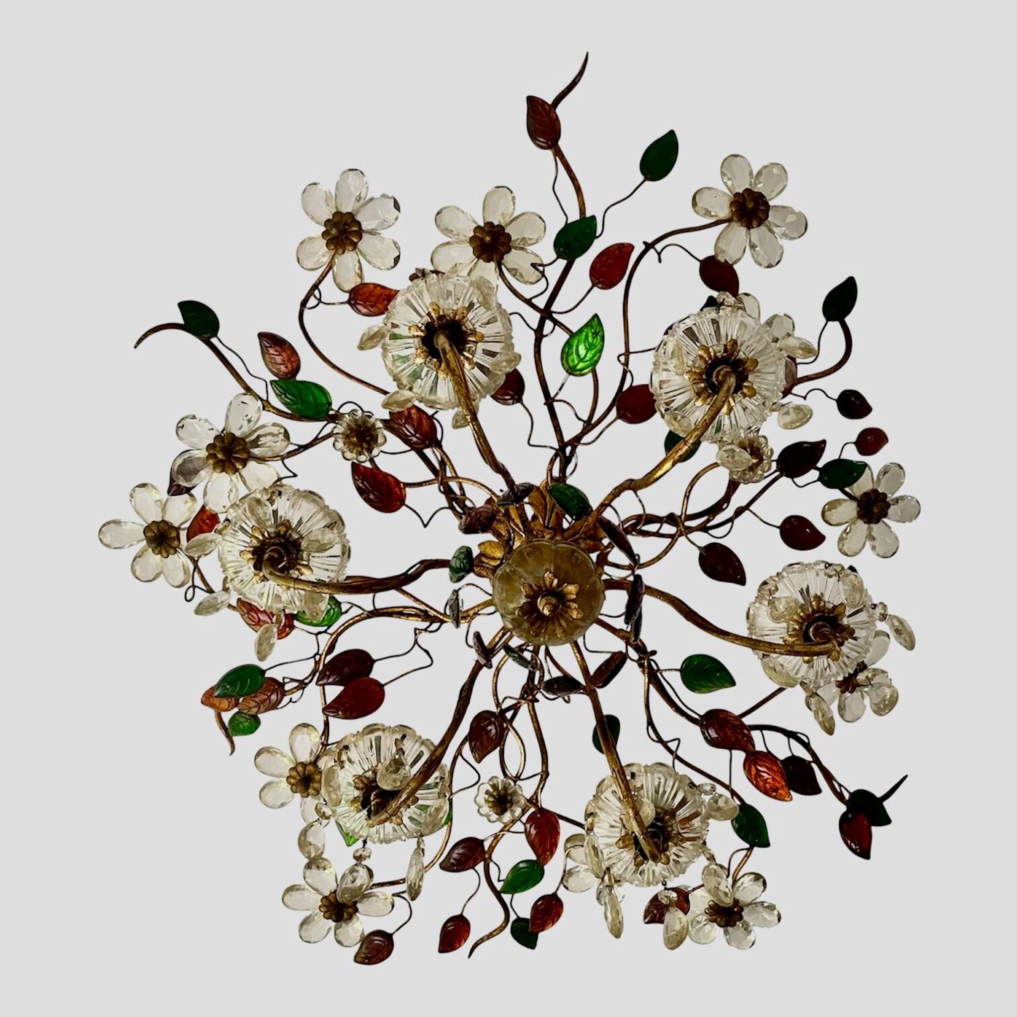 Floral chandelier Banci Firenze with 6 lights, coloured glass and gold metal.